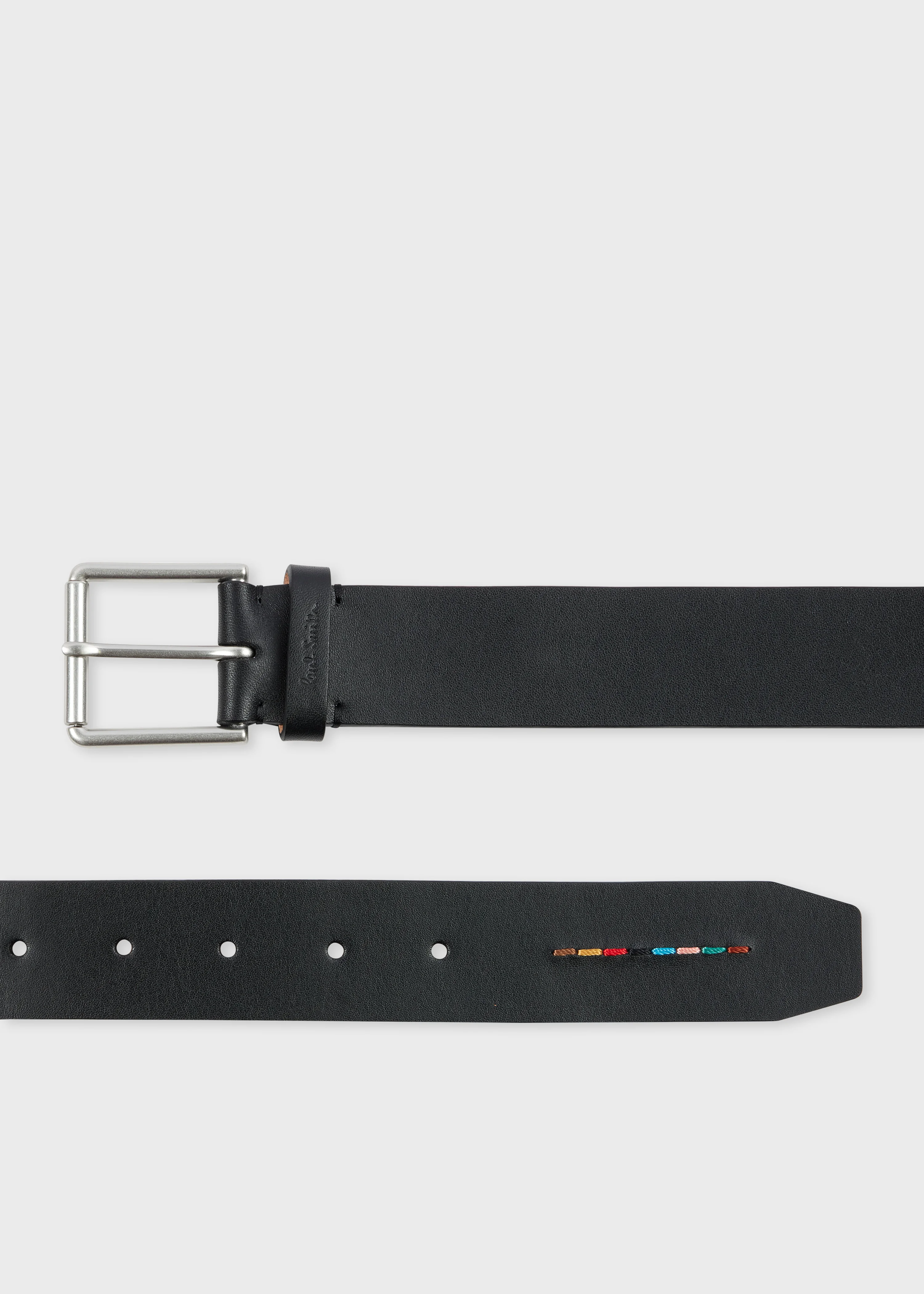 Black Leather 'Signature Stripe' Stitch Belt - 1