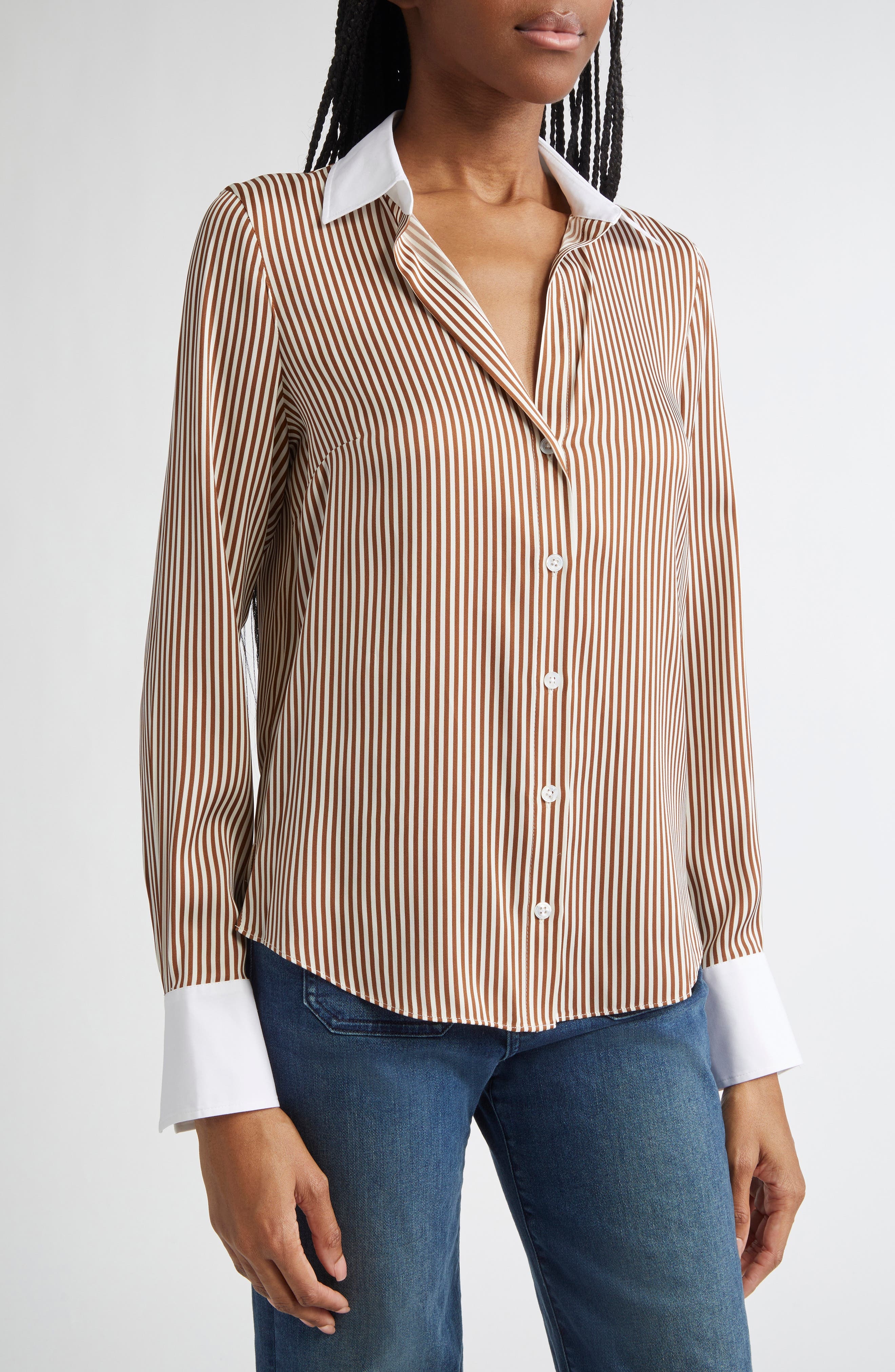 Veronica Beard Amelia Stripe Silk Blend Button-Up Shirt in Whisky Off White at Nordstrom - 4