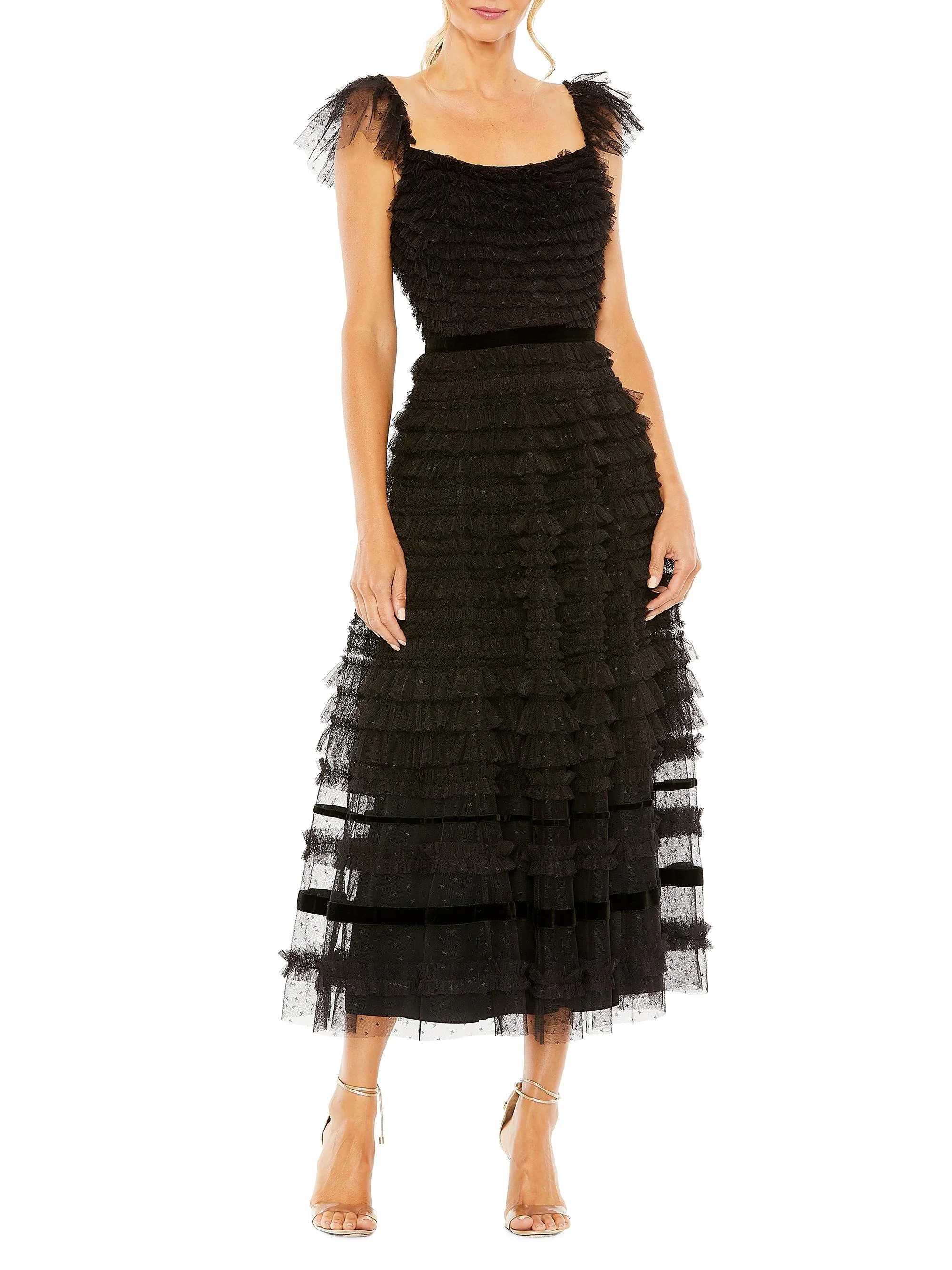 Women's Flutter-Sleeve Tiered Ruffle Gown - Black - 1