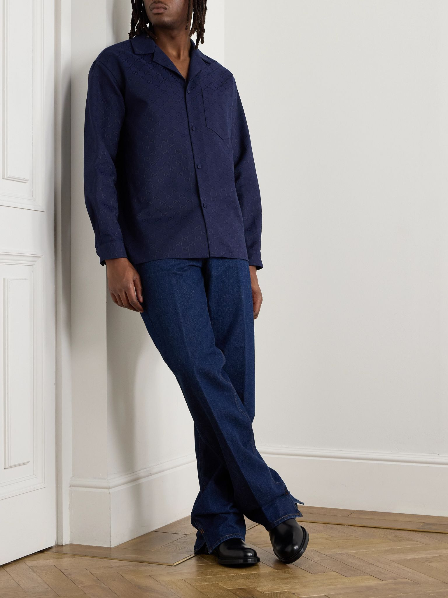 Camp-Collar Logo-Jacquard Cotton-Blend Canvas Shirt Blue - 2