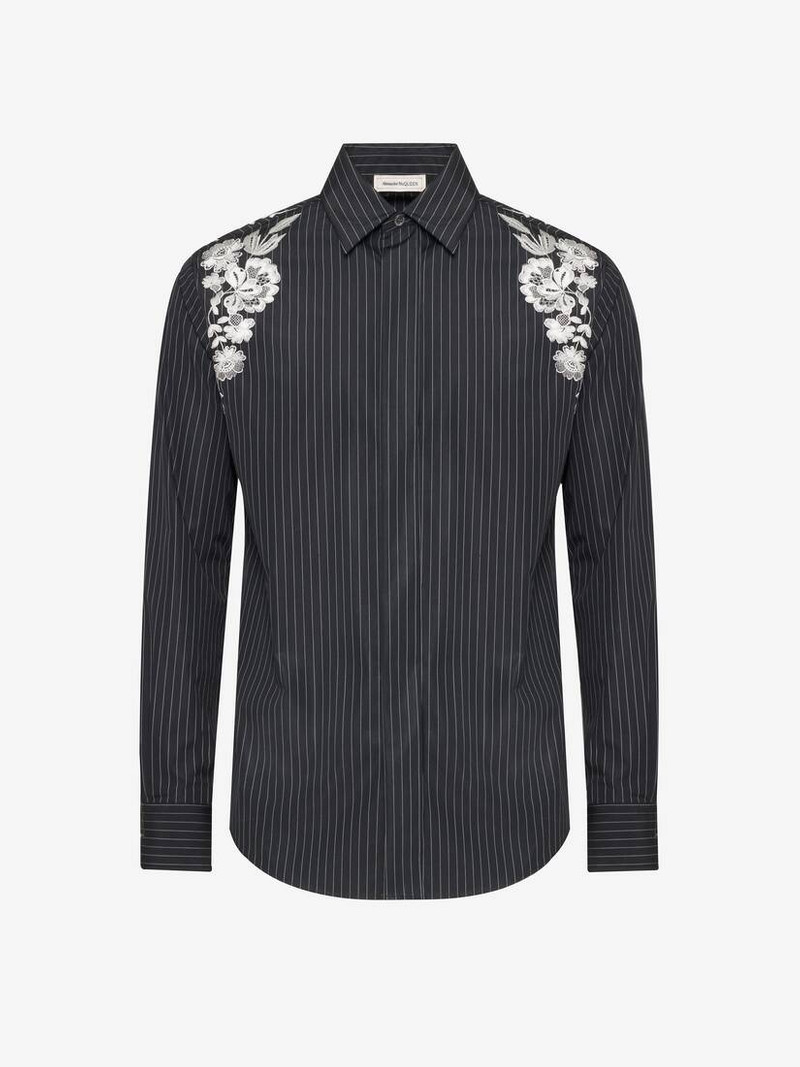 Alexander McQueen Men's Embroidered Harness Shirt in Black/white/silver outlook