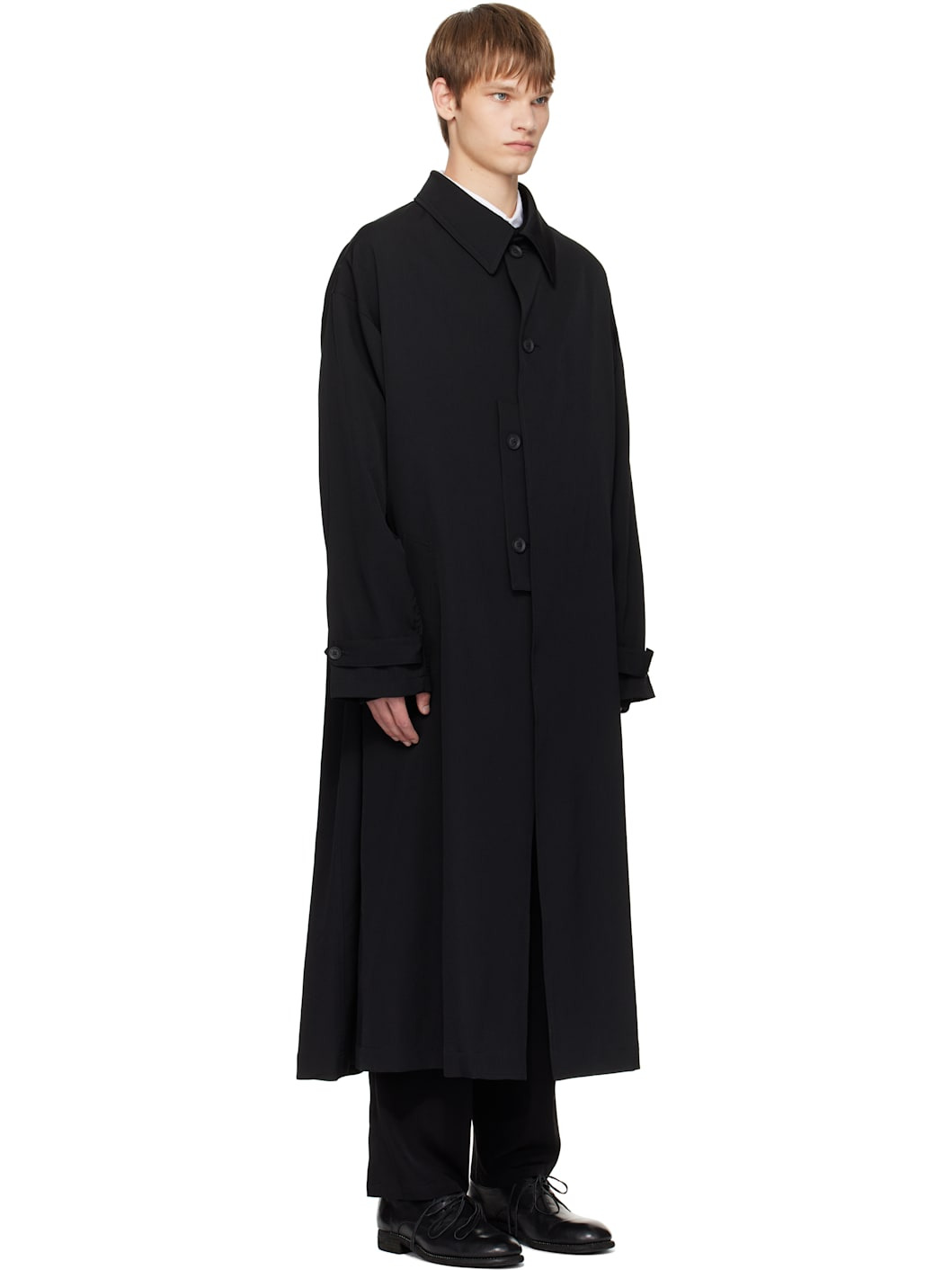 Black Wool Gabardine Designed Sleeve Coat - 2