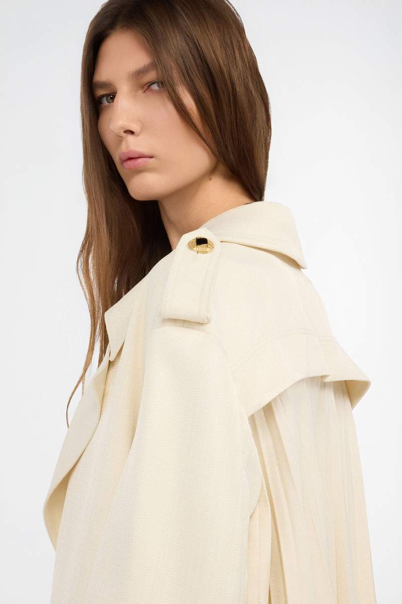 Extra-Long Ivory Trench Coat with Pleated Detailing 6