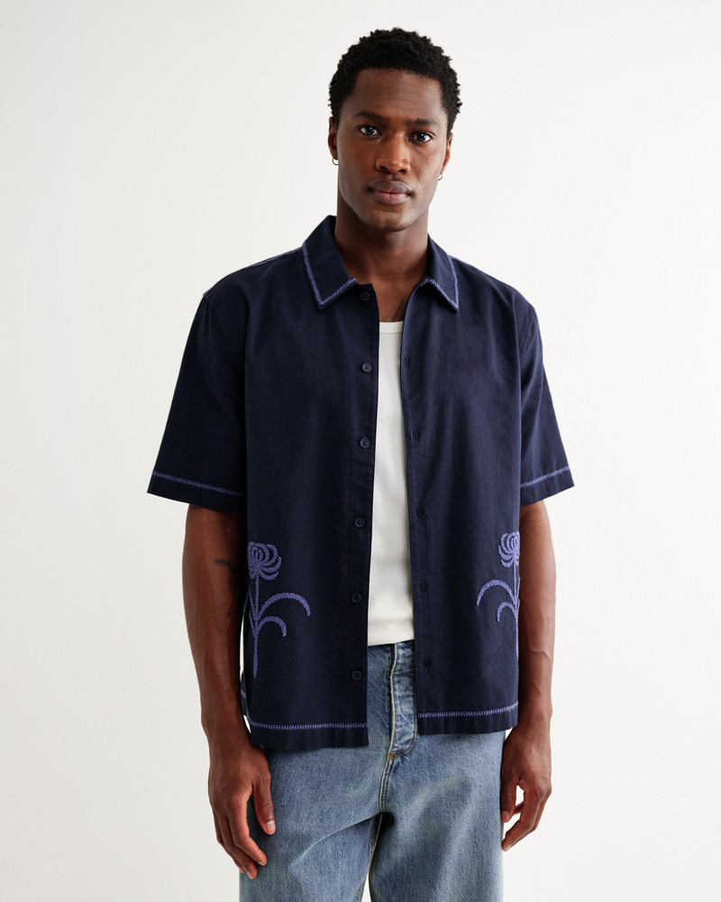 Wax London Keats - Navy And Blue Embroidered Short-Sleeve Shirt outlook