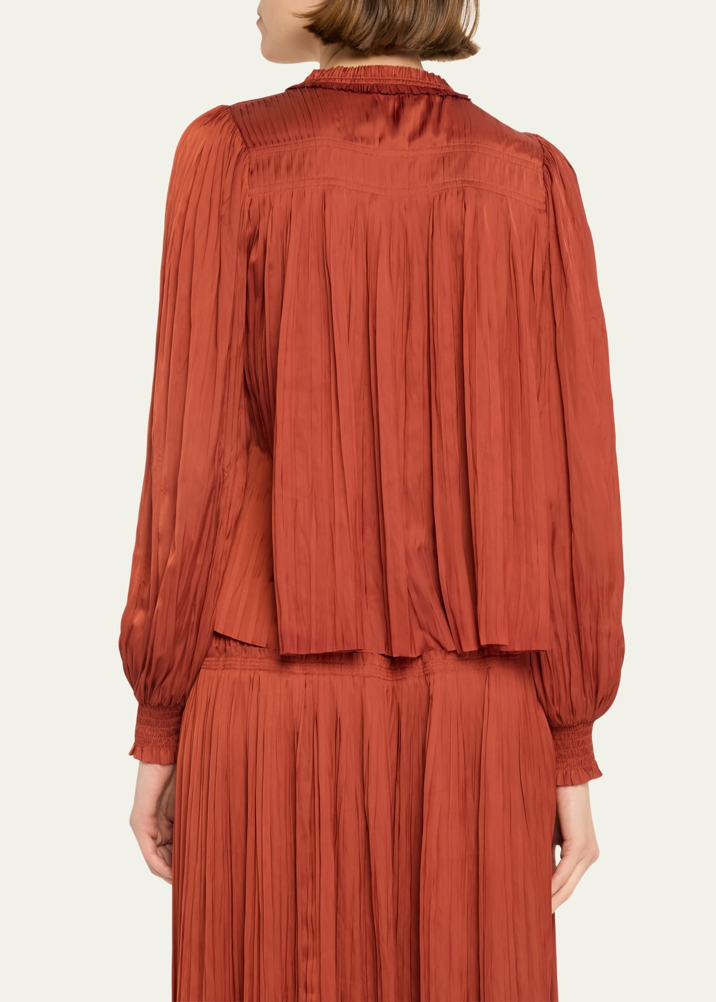 Leah Pleated Split-Neck Puff-Sleeve Blouse - 3