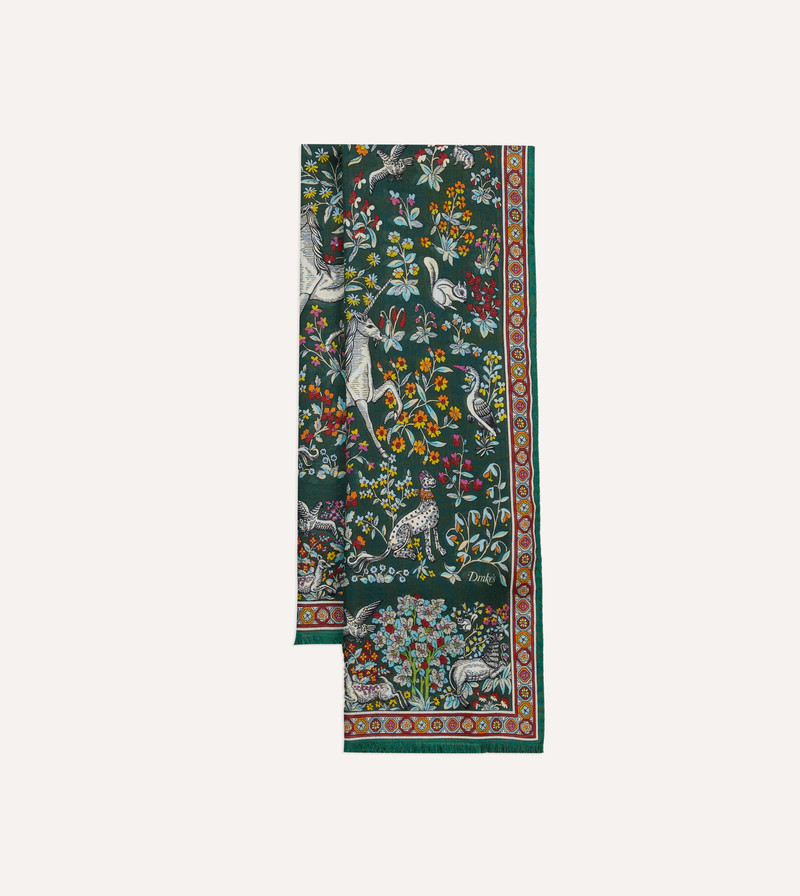 Green Forest Animals Print Wool-Silk Scarf 1