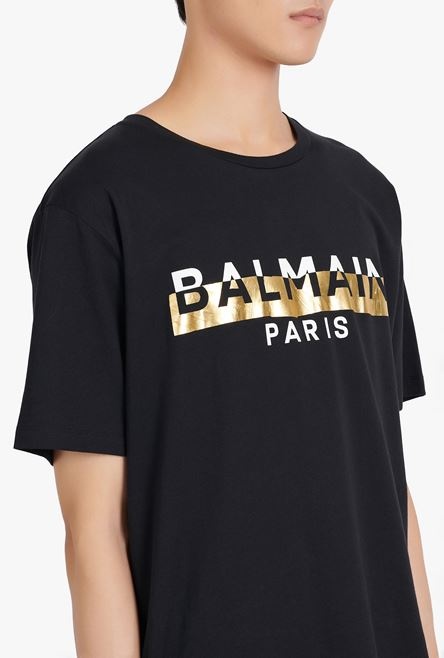 Oversized black eco-designed cotton T-shirt with white and gold Balmain logo print - 6