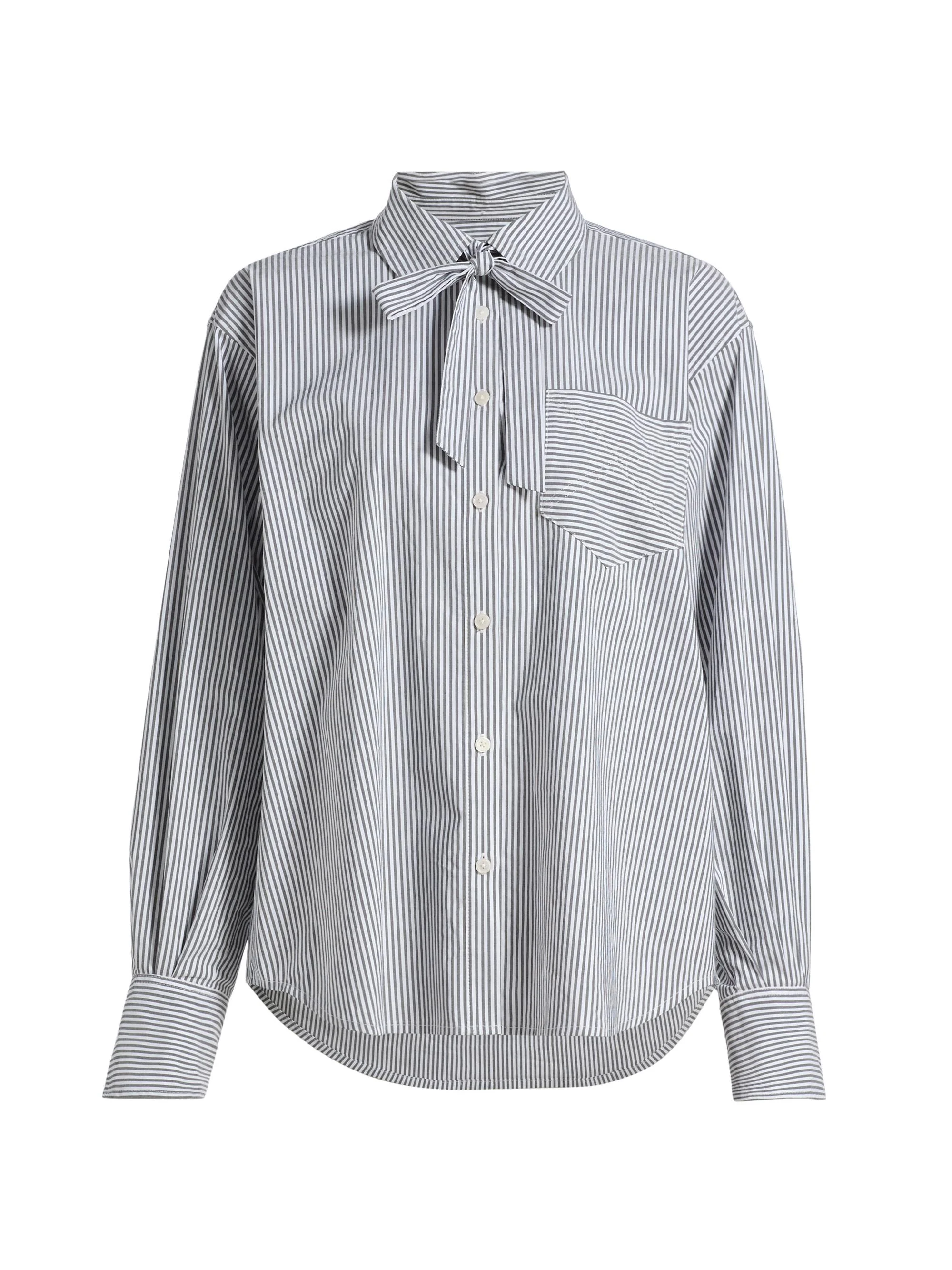Women's Edeline Striped Poplin Tieneck Shirt - Grey White - 1