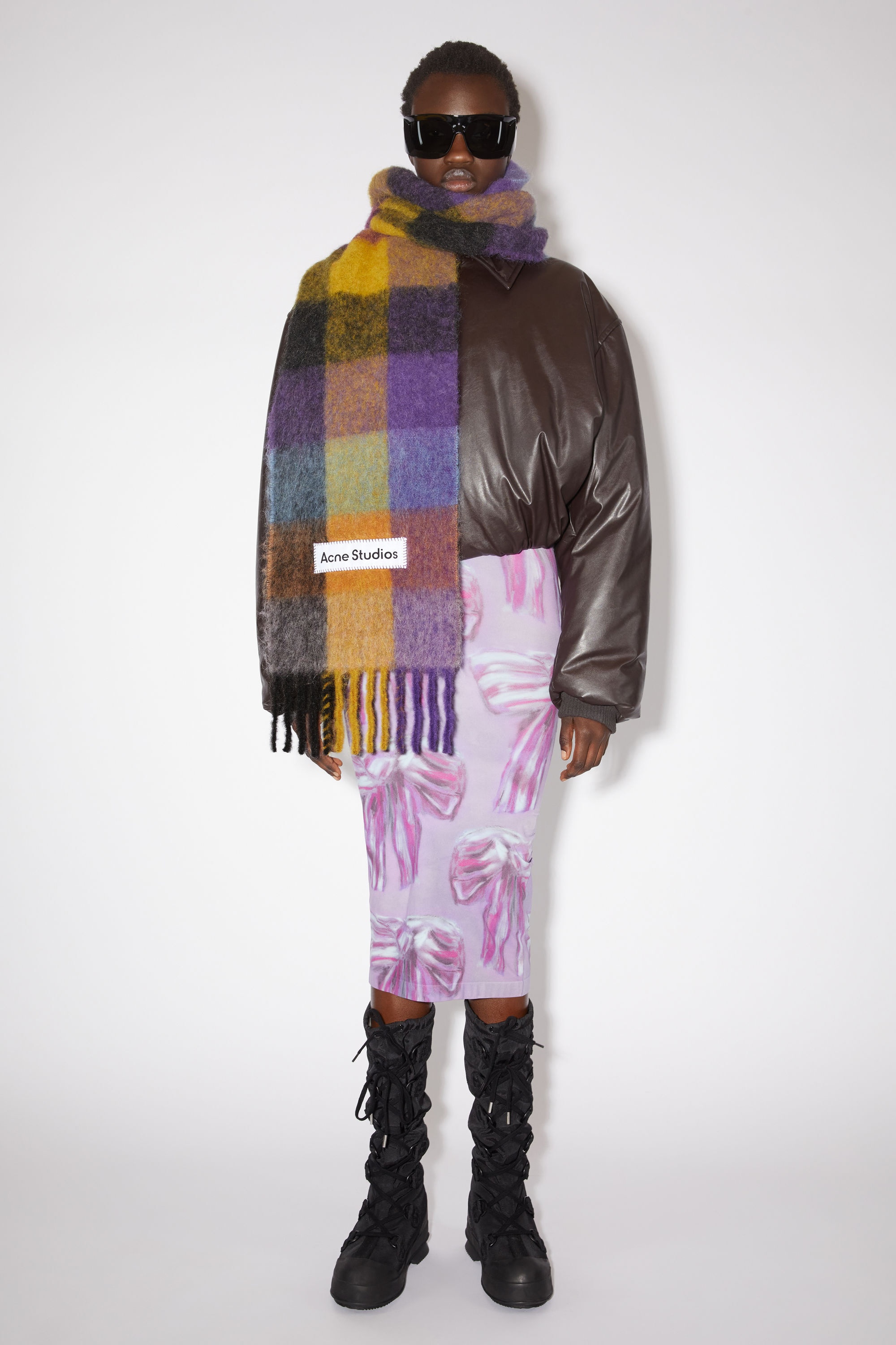 Mohair checked scarf - Anthracite grey/yellow/purple - 2