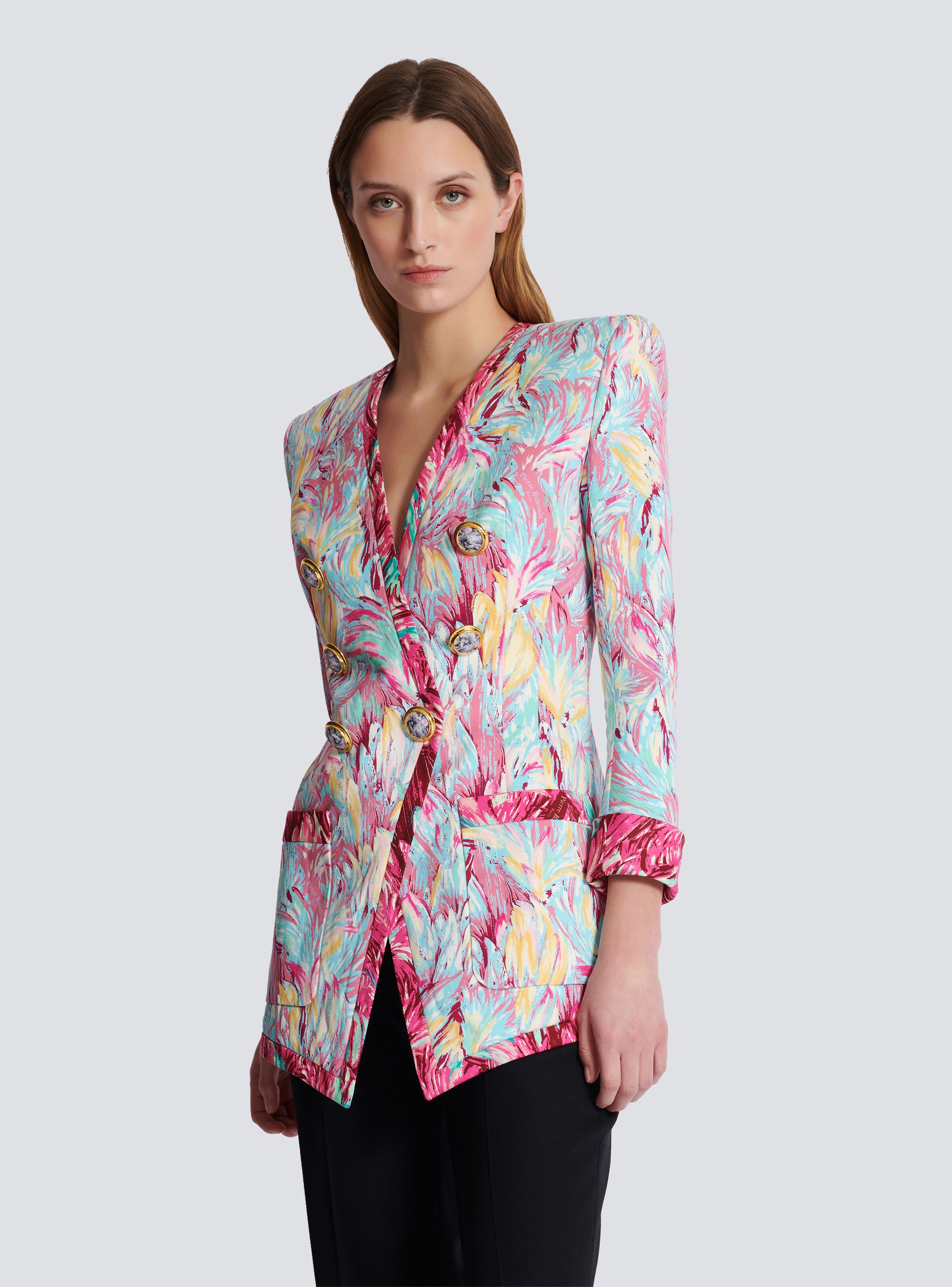 Long 6-button jacket with Feather print - 6