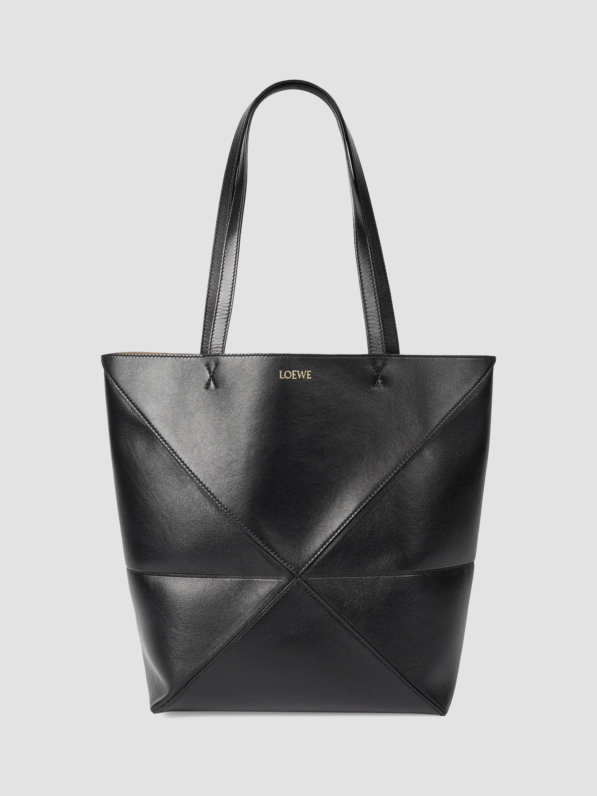 Women's Puzzle Large Leather Tote Bag - Black - 1