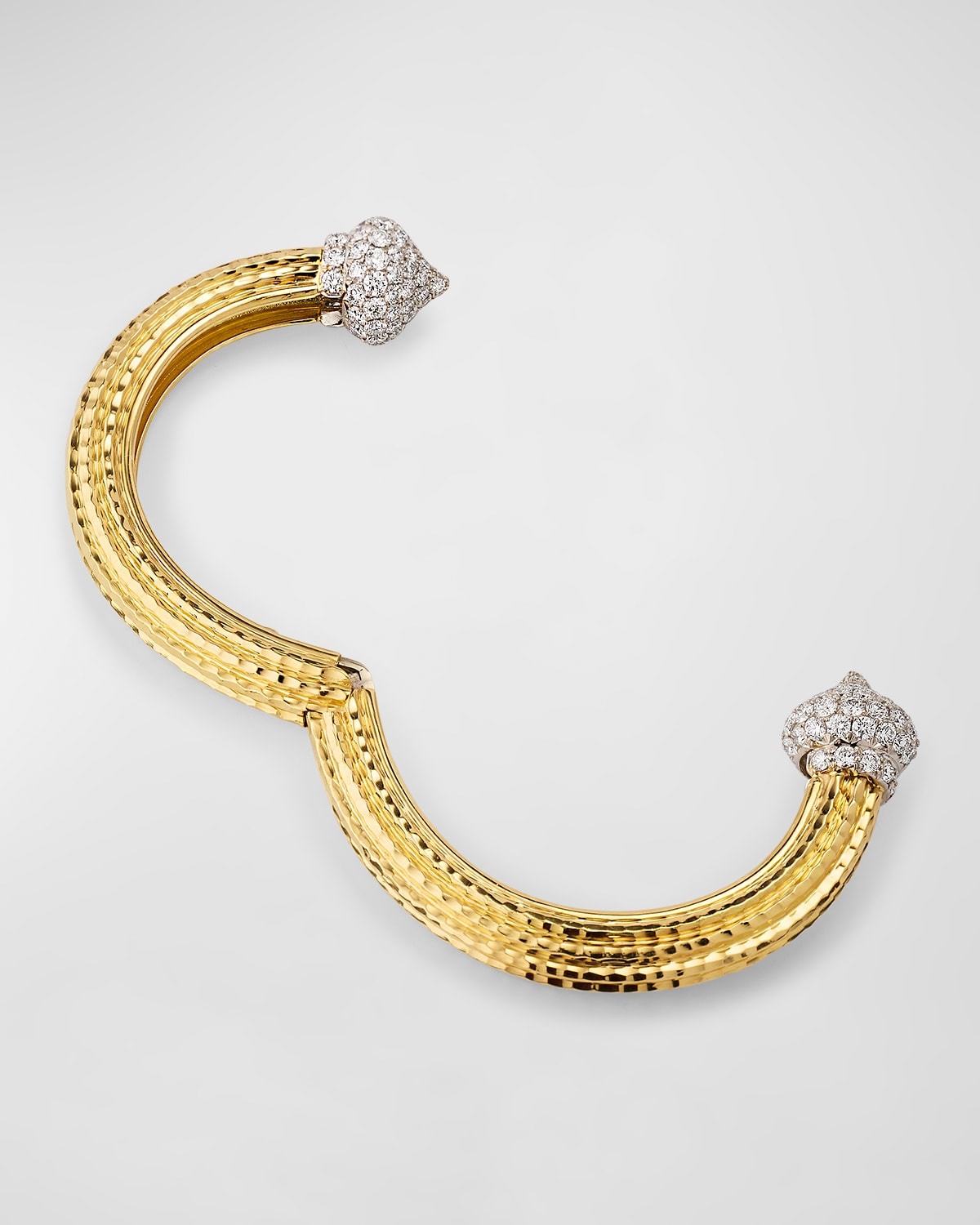 18K Yellow  Gold Hammered Bracelet with Diamond Caps - 4