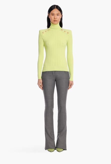 Lime green knit sweater with gold-tone buttons - 4