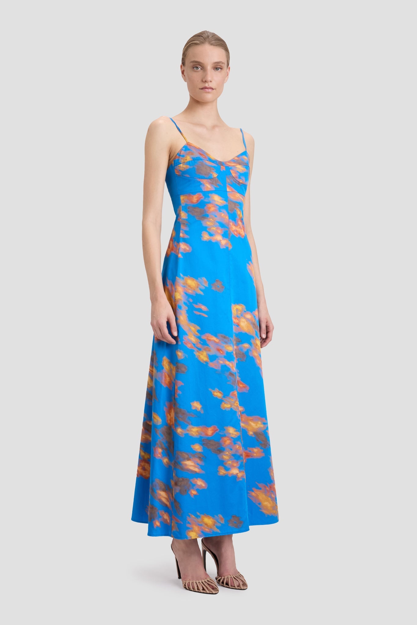 Cami Fit And Flare Midi Dress In Blue Abstract Floral Print - 3