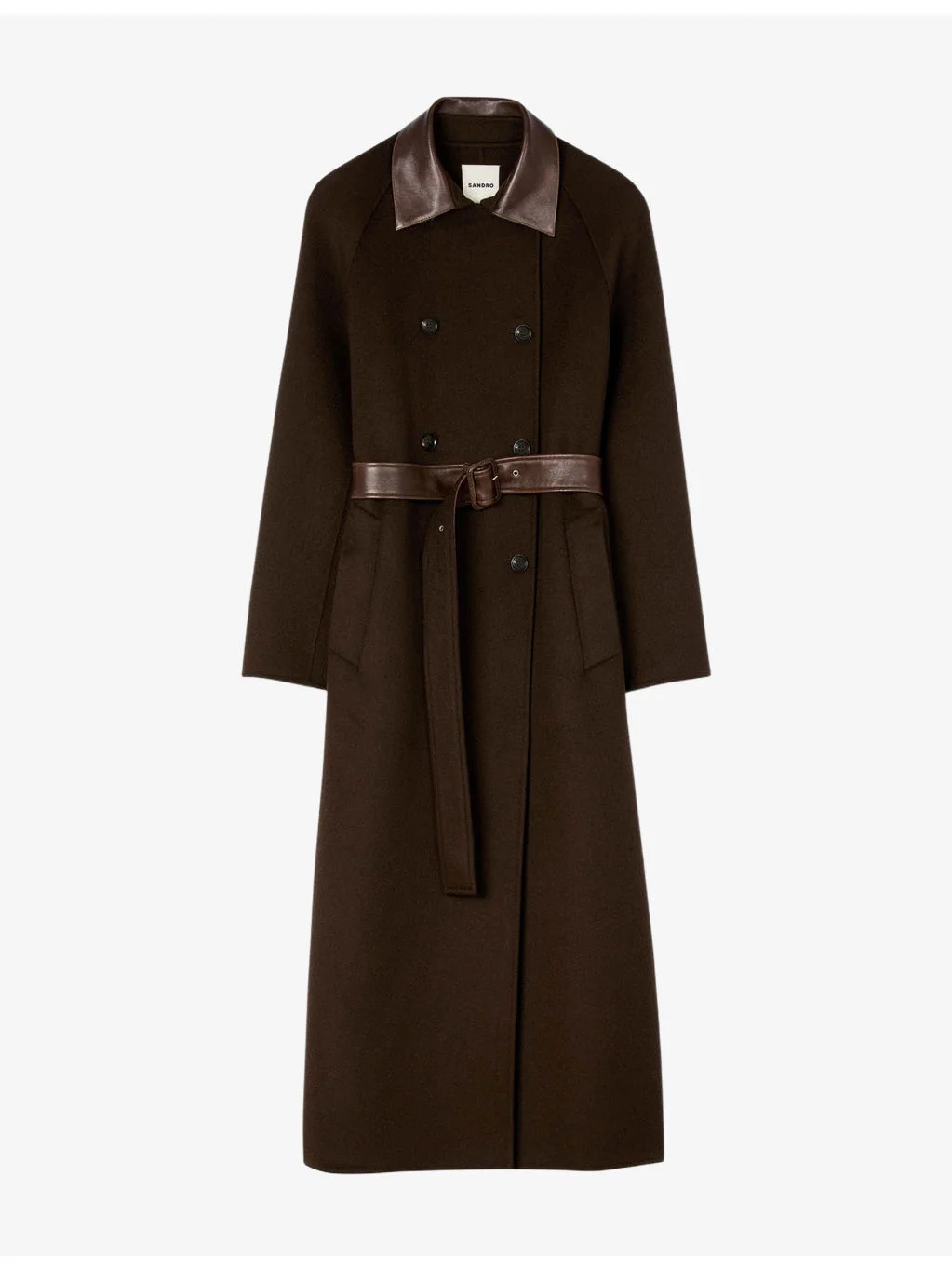 Leather-Collar Double-Breasted Wool Coat - 1