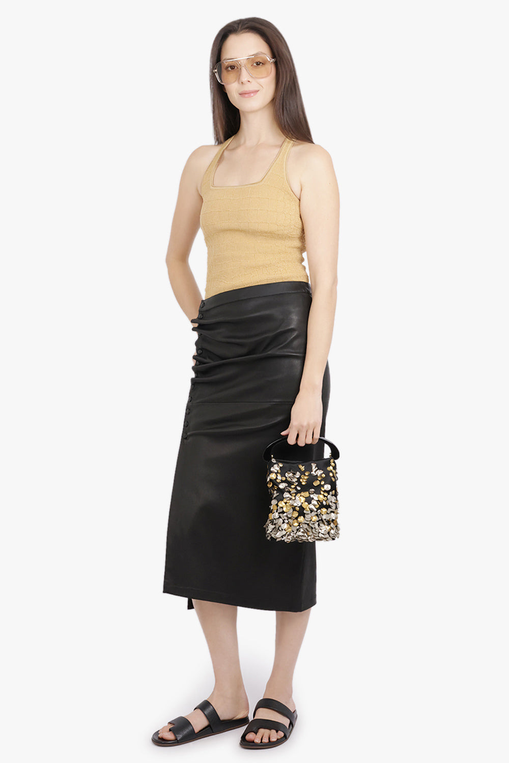 LEATHER ASYMMETRIC RUCHED MIDI SKIRT | BLACK - 2