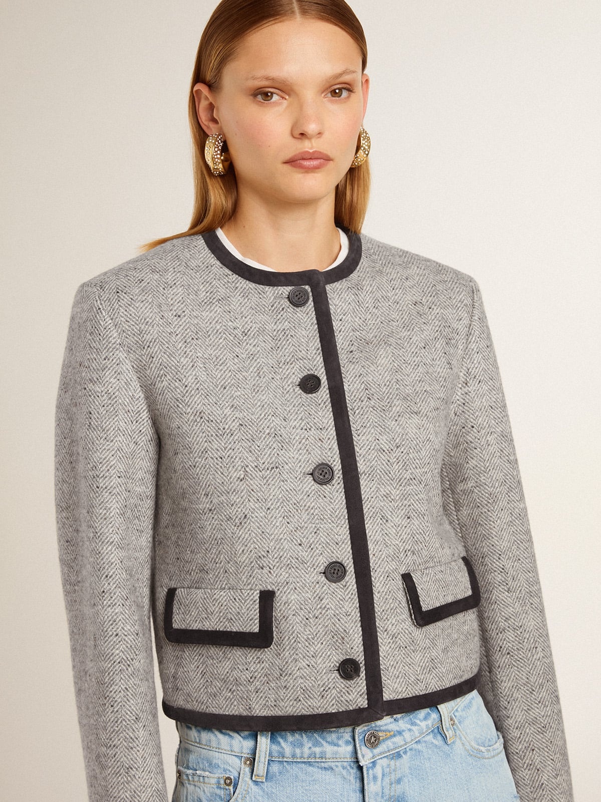 Women's grey wool and silk jacket with black suede trim - 5