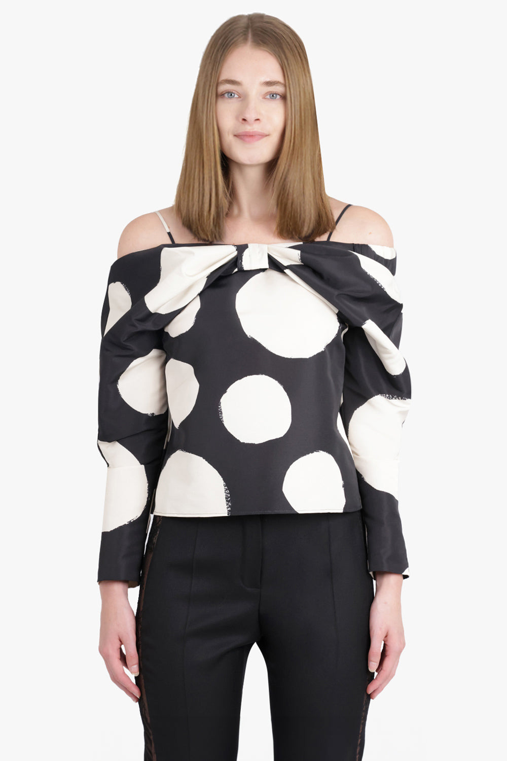 POLKA DOT OFF SHOULDER BOW DETAIL L/S TOP | BLACK/WHITE - 2