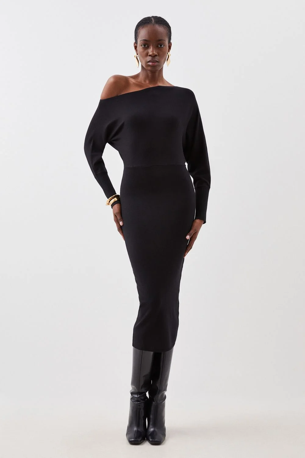 Viscose Blend Knit Asymmetric Neck Midi Dress - 1