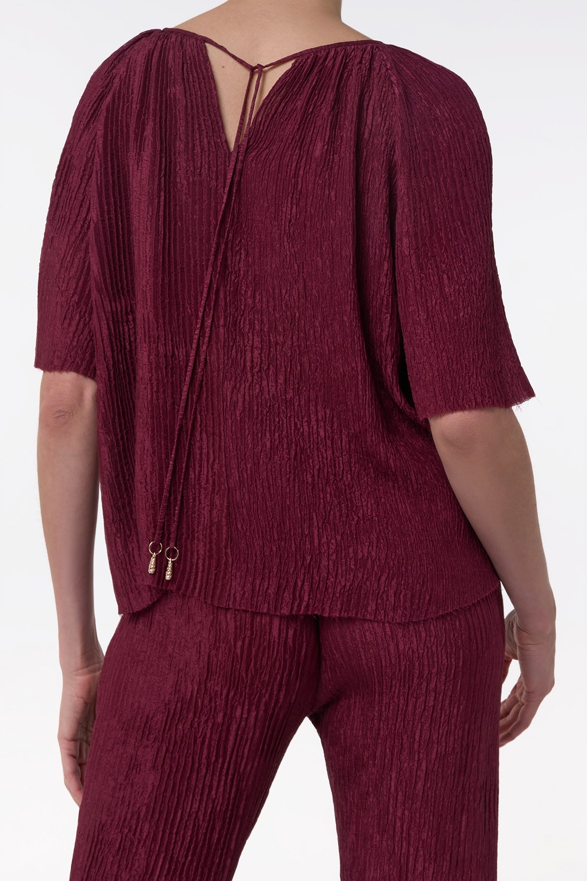 Nula Top in Bordeaux Plisse Silk - 6