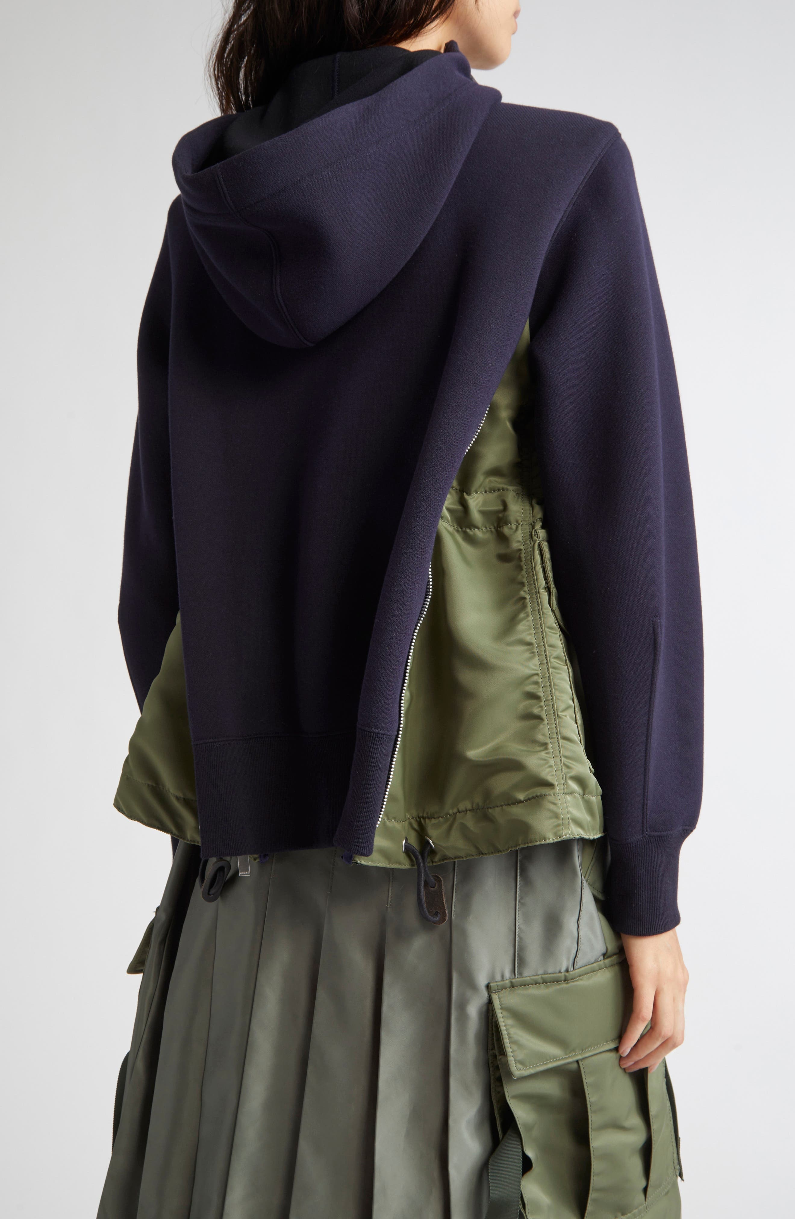 Sacai Sponge Sweat x Nylon Twill Hoodie in Navy/Khaki 212 at Nordstrom - 2