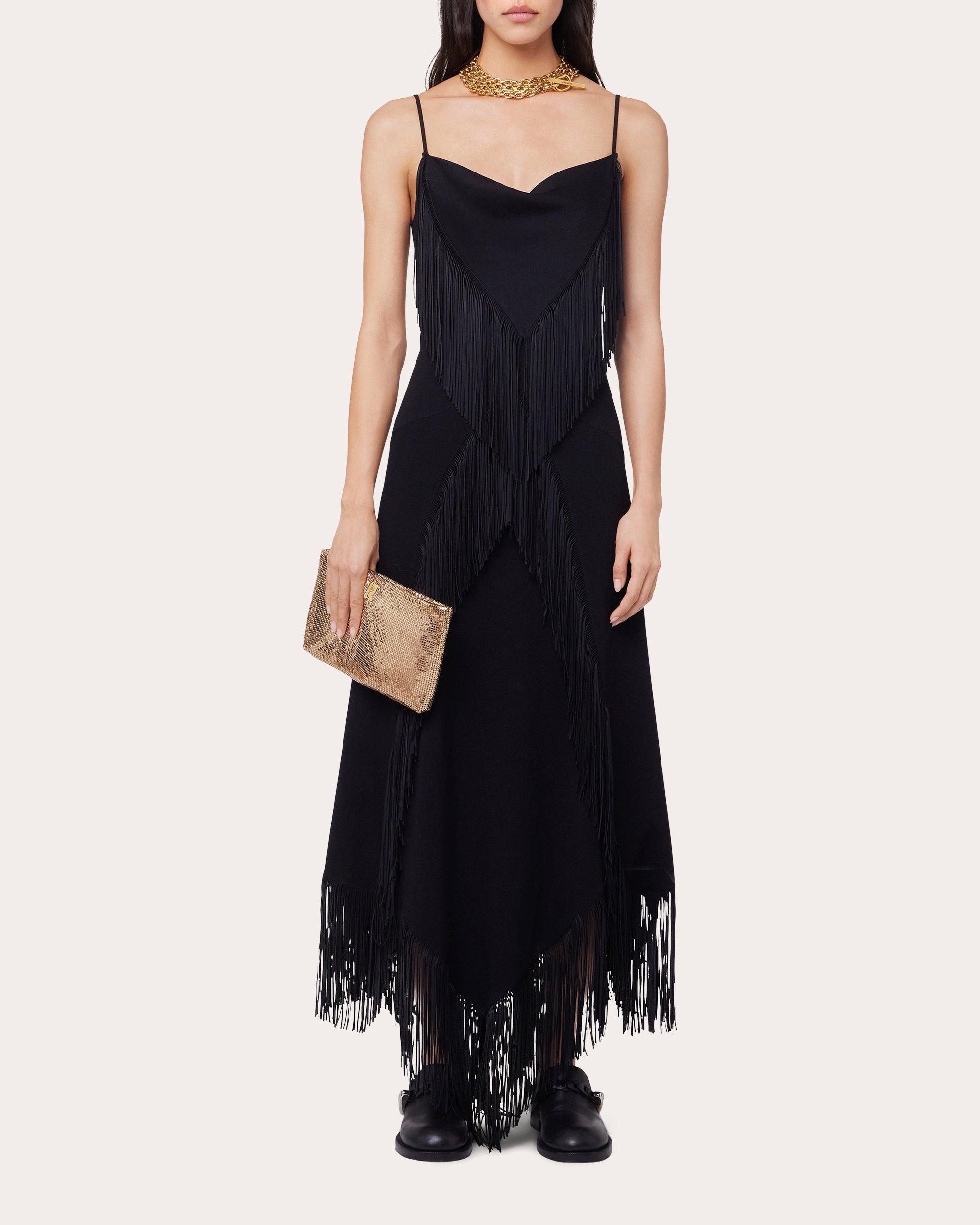 Crepe Fringe Cowl Neck Midi Dress - 2