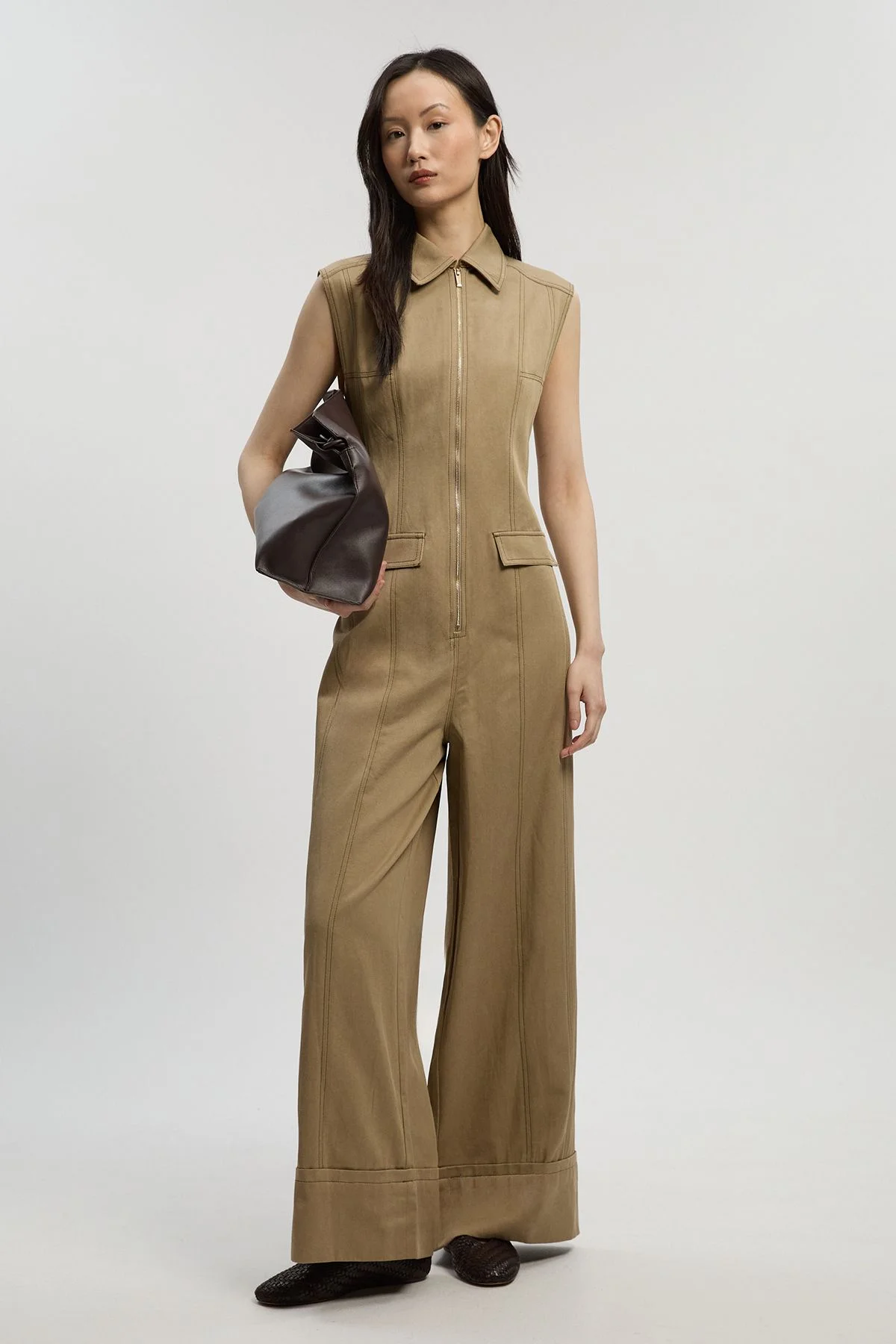 Tencel Cotton Contrast Stitch Zip Front Woven Jumpsuit - 1