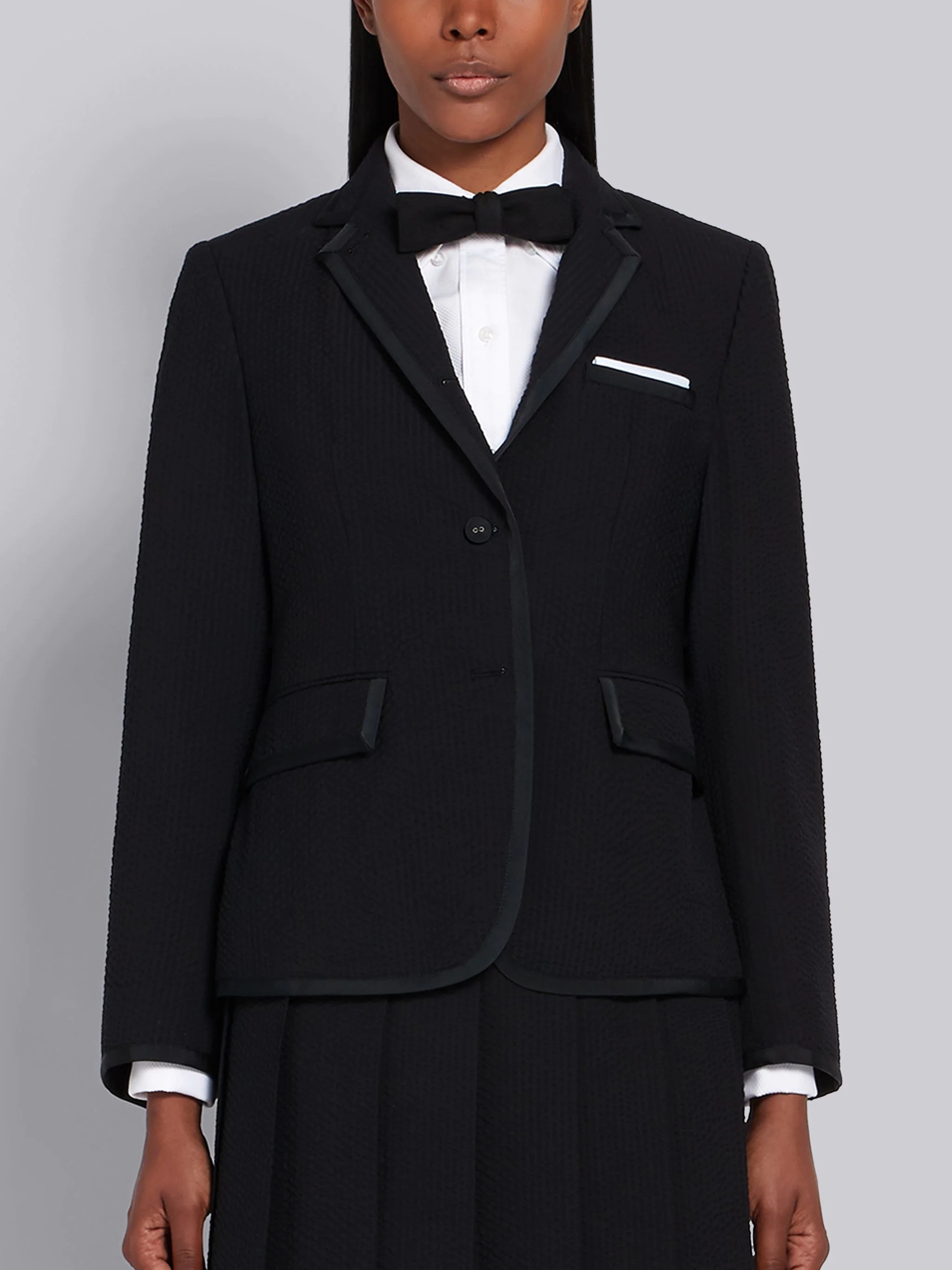 Black Wool Seersucker Grosgrain Tipping Classic Jacket - 1