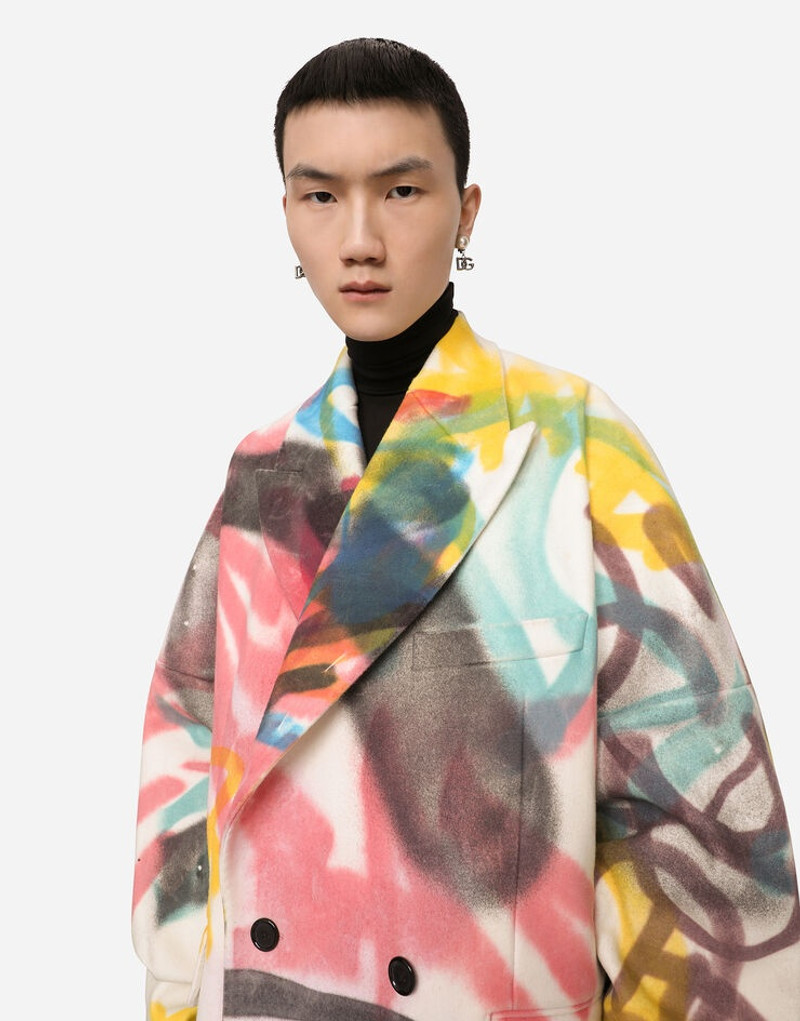 Double-breasted coat with spray-paint graffiti print 4