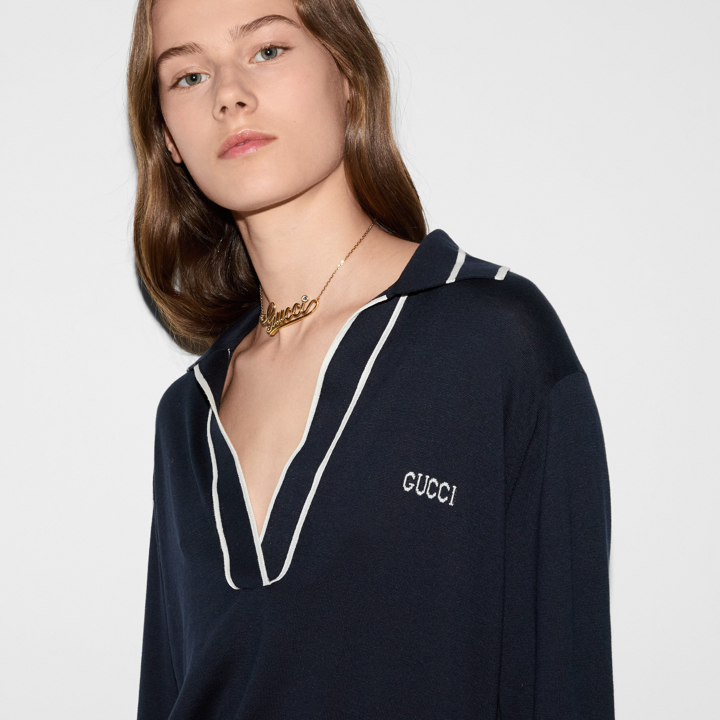 Cotton polo top with Gucci intarsia - 5