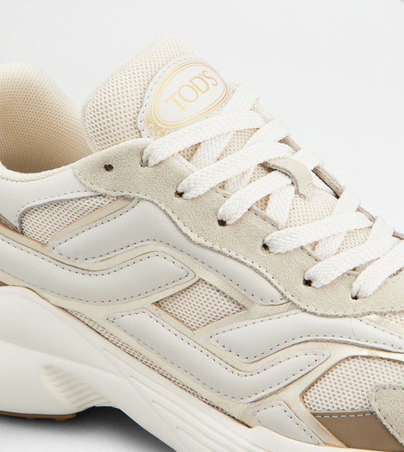 SNEAKERS IN LEATHER AND FABRIC - BEIGE, WHITE, GOLD 5