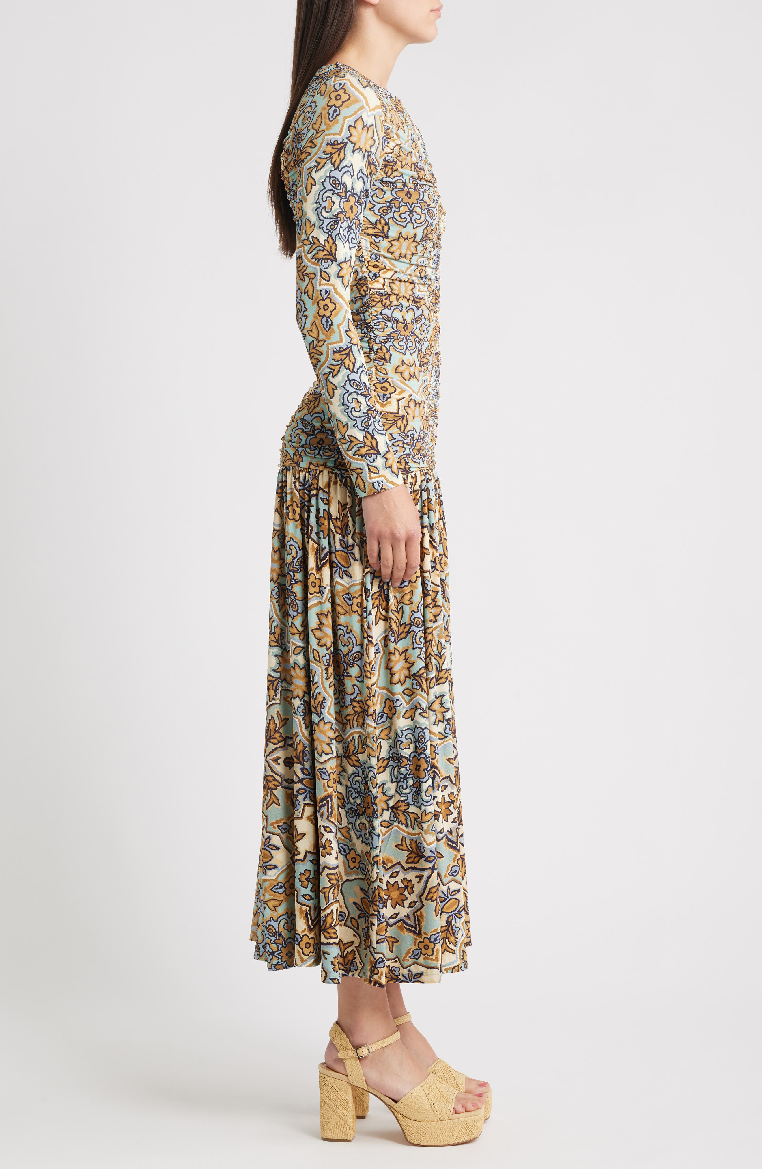 FARM Rio Winter Tapestry Long Sleeve A-Line Dress in Blue at Nordstrom - 3