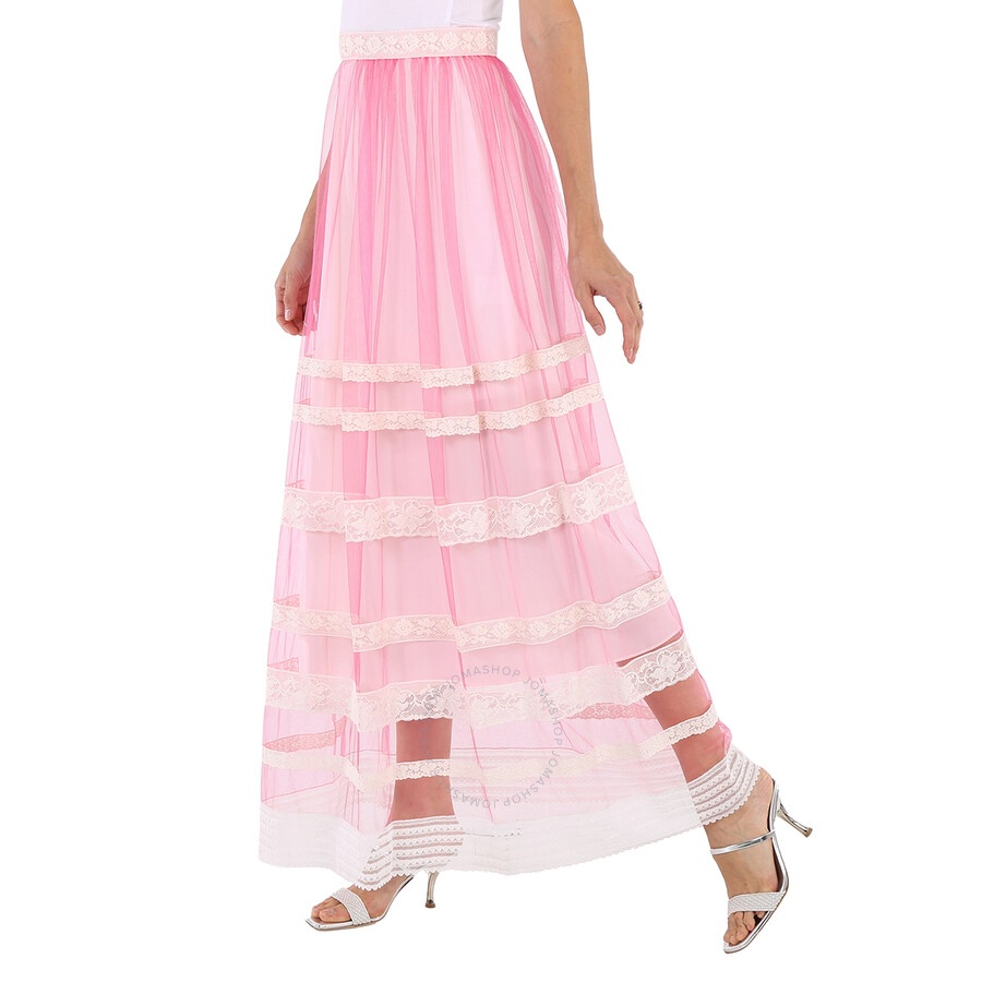 Burberry Ladies Bright Pink Floral Lace-trim Tulle Maxi Skirt - 2