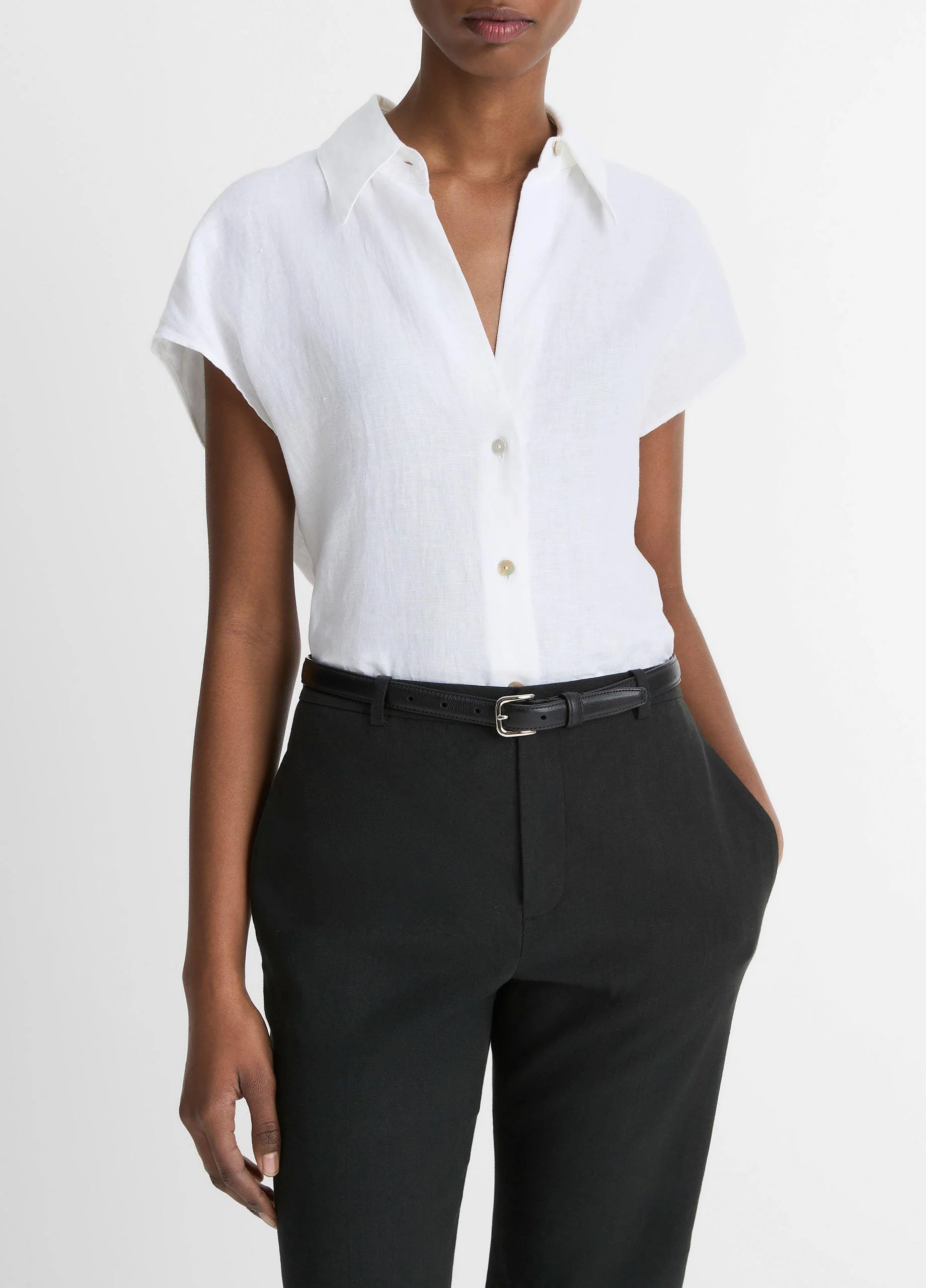 Linen Cap-Sleeve Button-Front Blouse - 1
