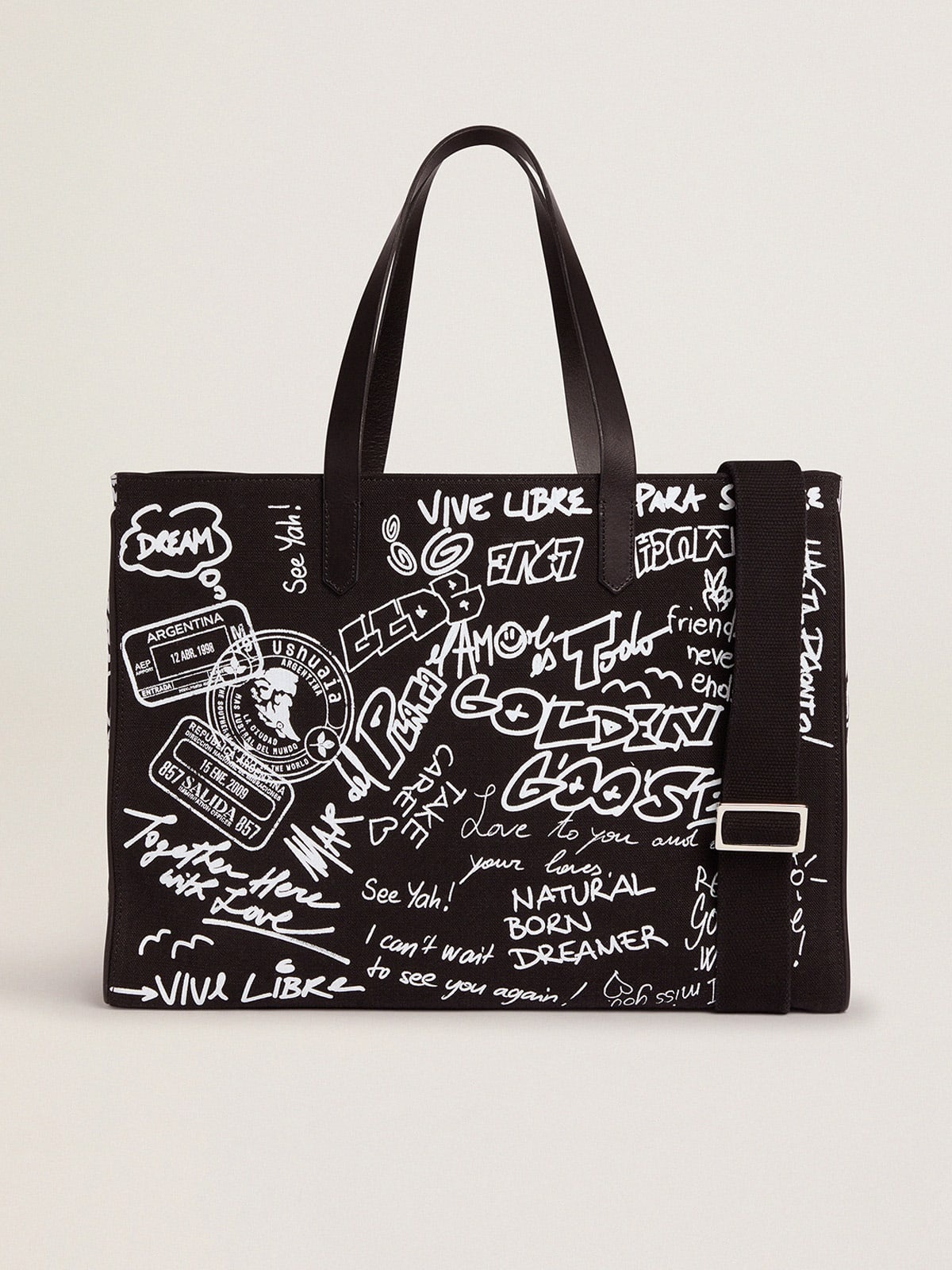 Black East-West California Bag with contrasting white graffiti print - 2