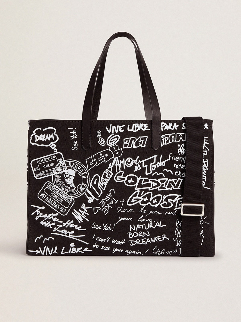 Black East-West California Bag with contrasting white graffiti print 2