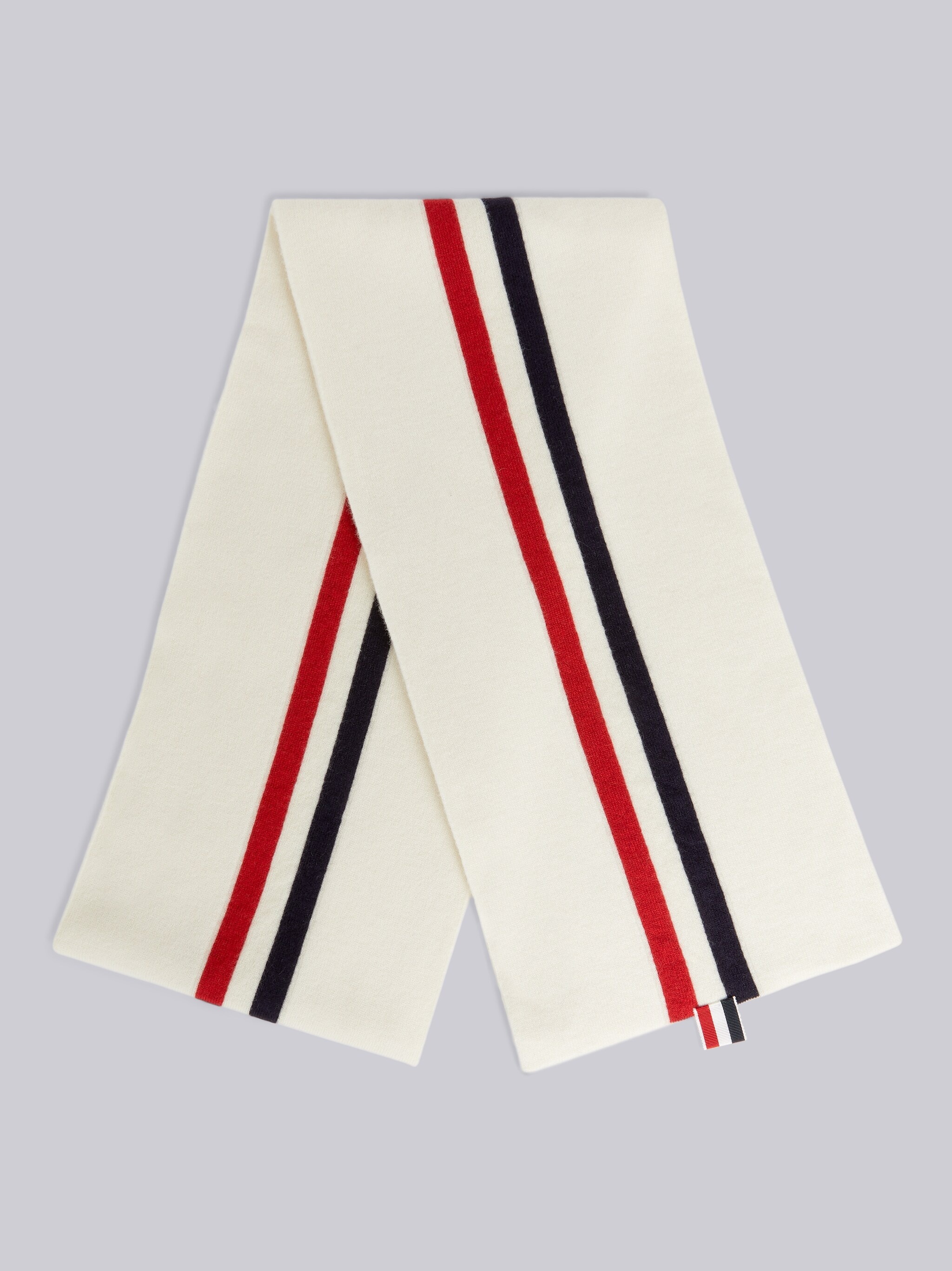 White Jersey Stitch Superfine Merino Wool Intarsia Stripe Scarf - 3
