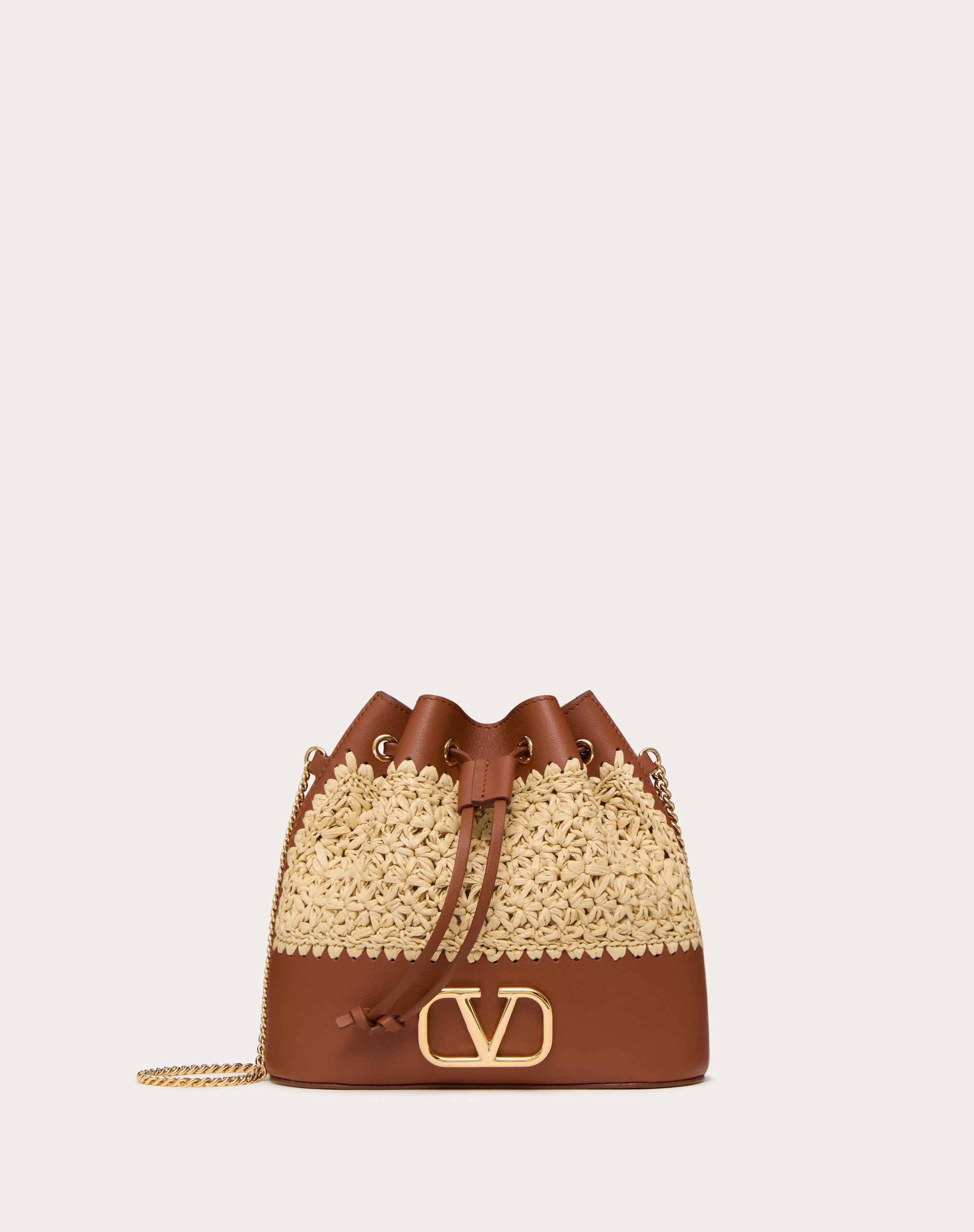 MINI RAFFIA BUCKET BAG WITH VLOGO SIGNATURE CHAIN - 1