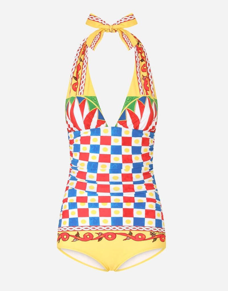 Carretto-print 한 조각 수영복 plunging neckline 1