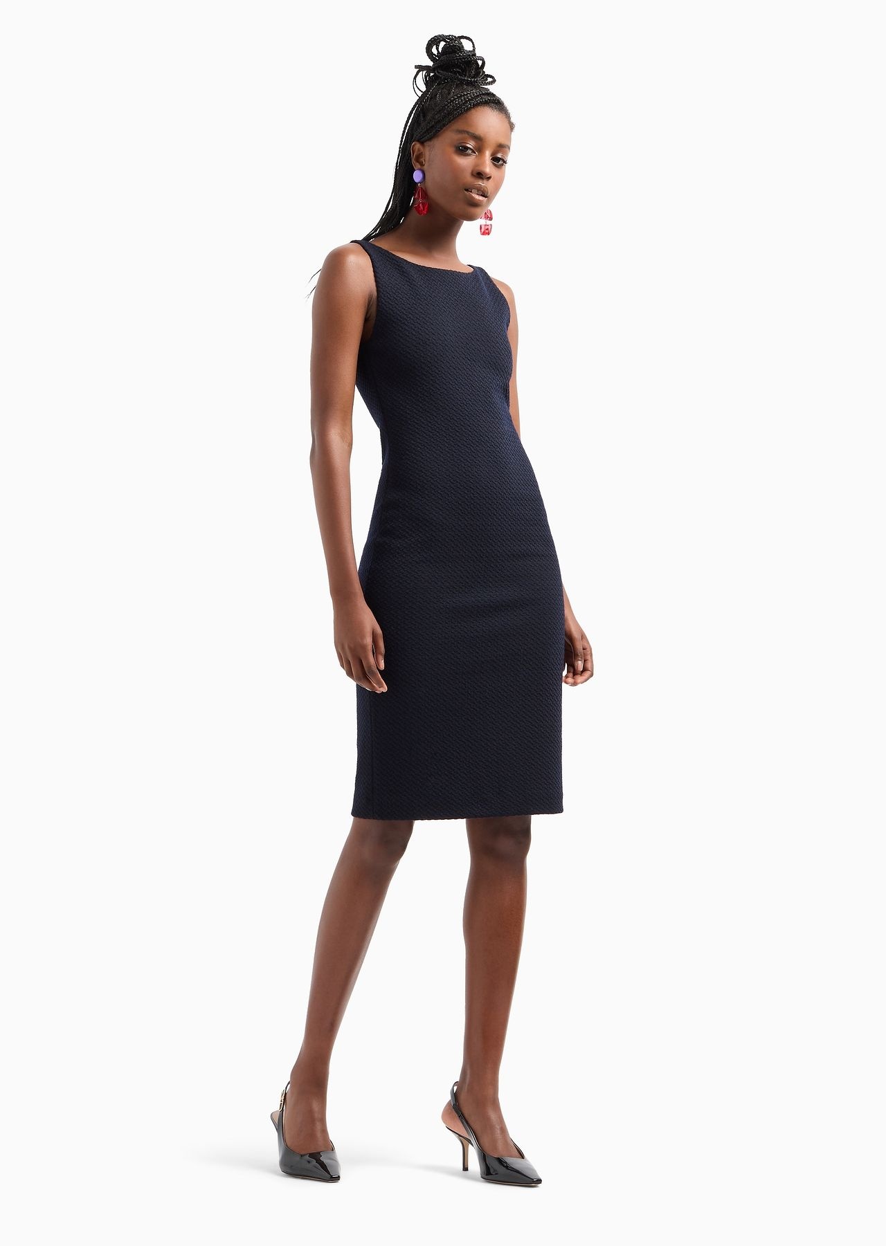 Wool-blend jacquard jersey sheath dress with embossed pattern - 2