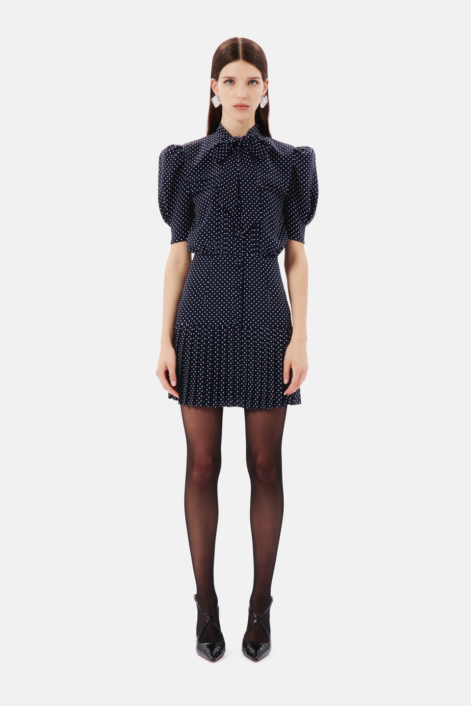POLKA DOT SILK PLEATED MINI DRESS WITH BOW - 4