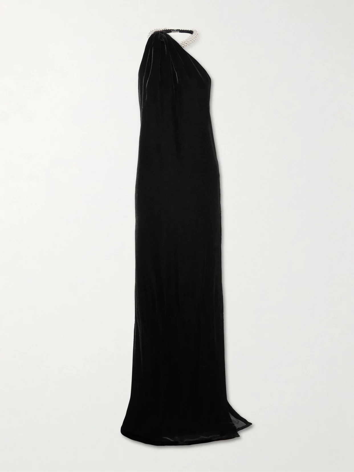 One-shoulder Embellished Draped Velvet Halterneck Gown - 1