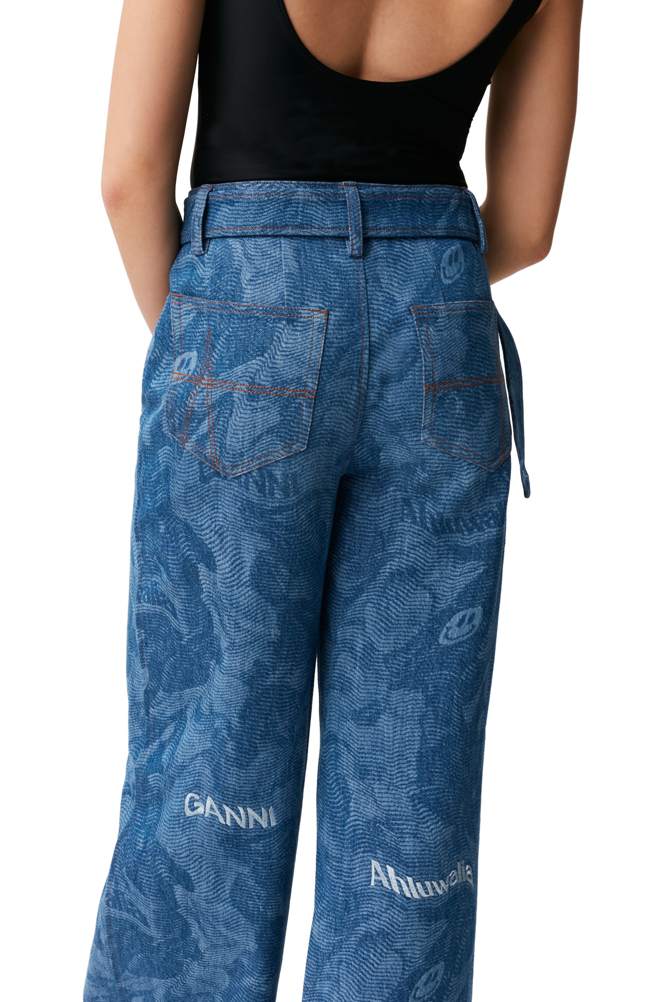 PRINTED LASER DENIM LASER DENIM EMBROIDED MID WAIST BELT PANTS - 6