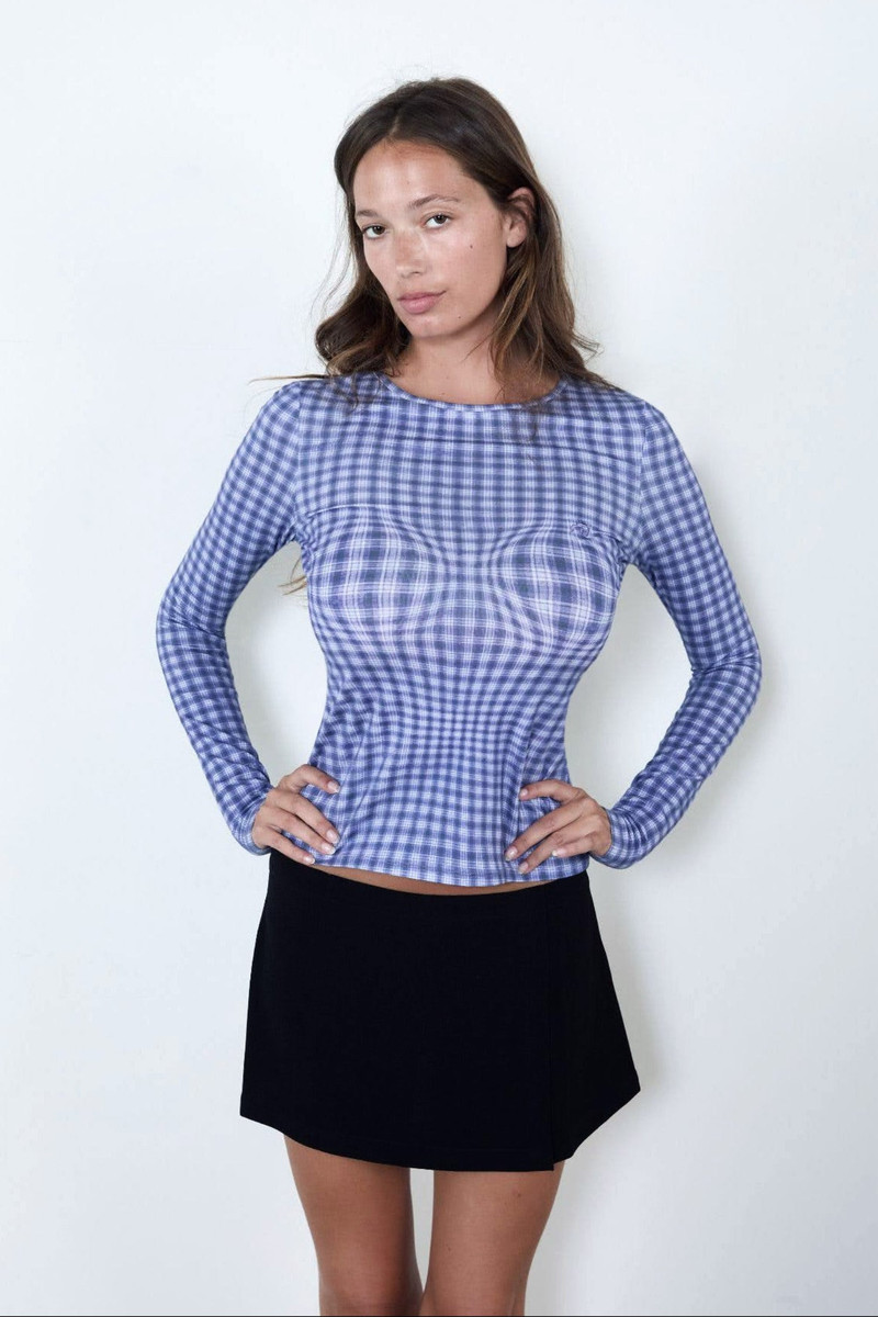 LONG SLEEVE TOP - NAVY WARPED PLAID 1