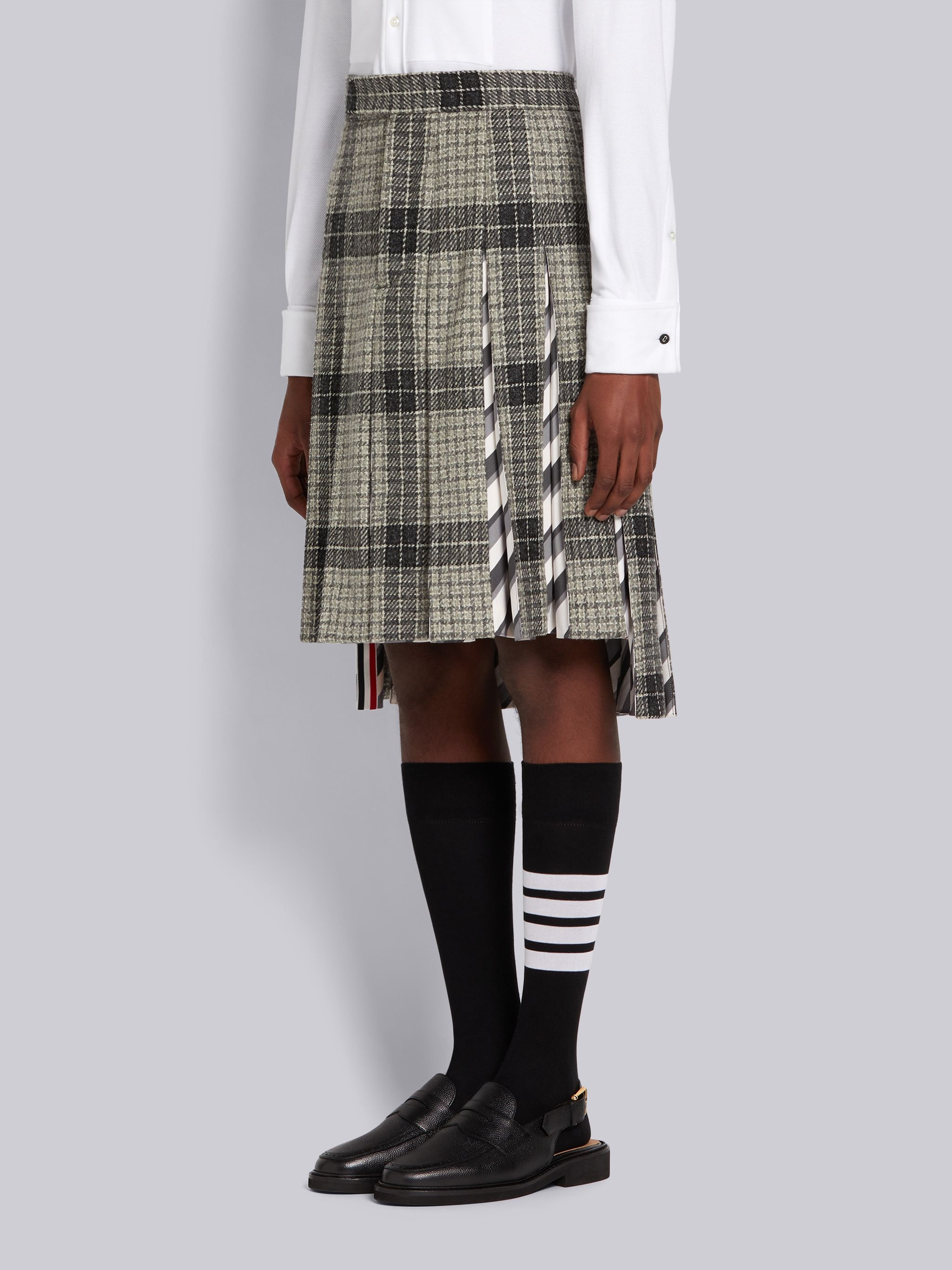 Medium Grey Grid Windowpane Check British Wool Combo Insert Classic Rise Backstrap Pleated Skirt - 2