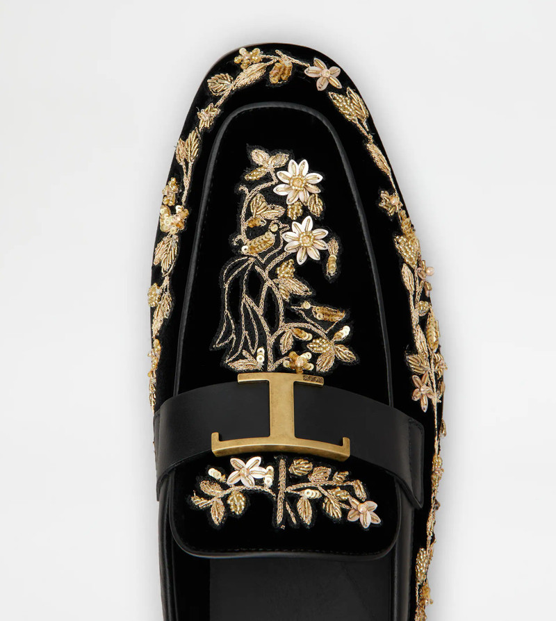 T TIMELESS LOAFERS IN VELVET AND LEATHER - BLACK, GOLD 5