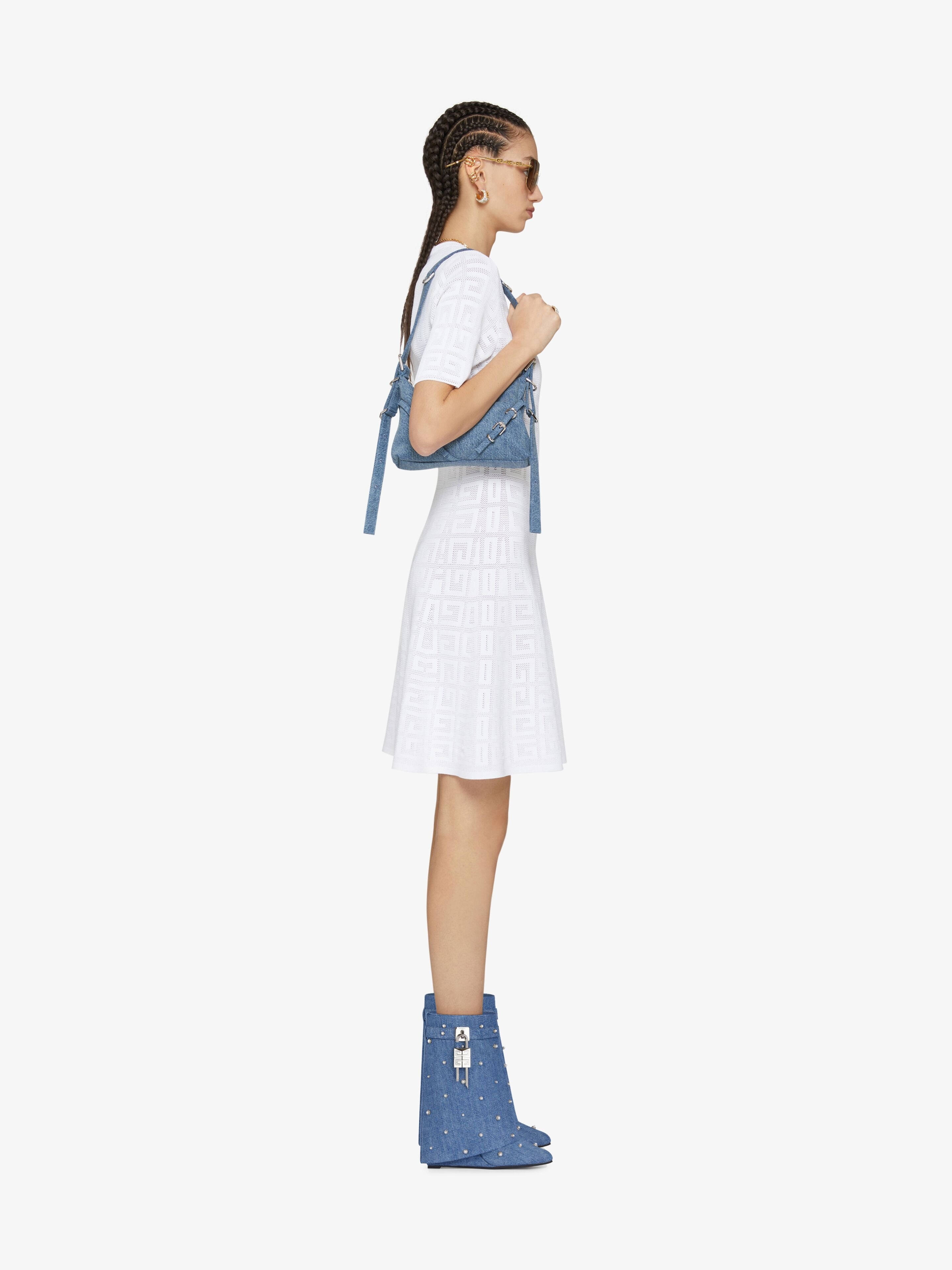 SHARK LOCK ANKLE BOOTS IN DENIM WITH PEARLS - 2