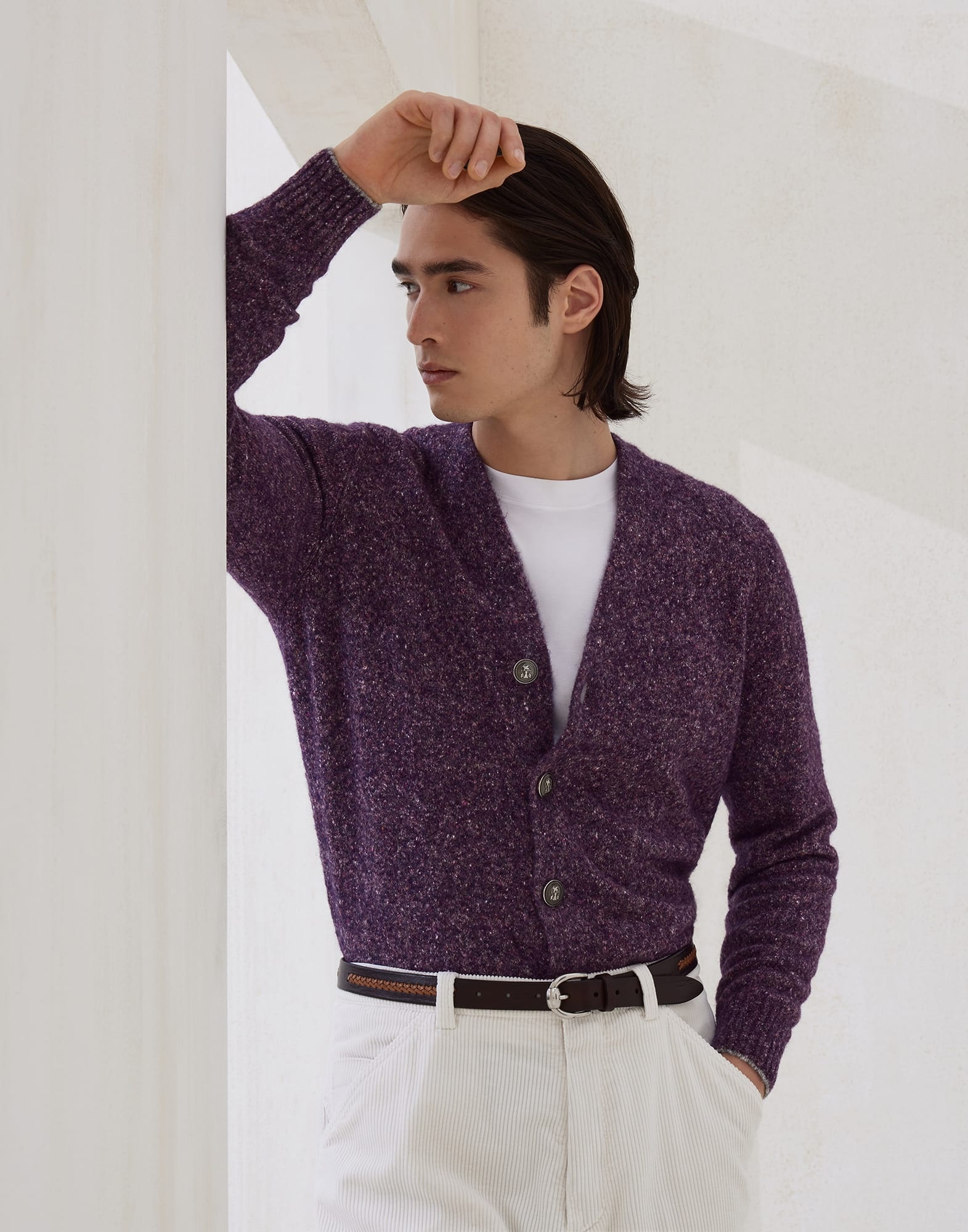 Flecked alpaca, wool, silk and cotton cardigan with metal buttons - 4