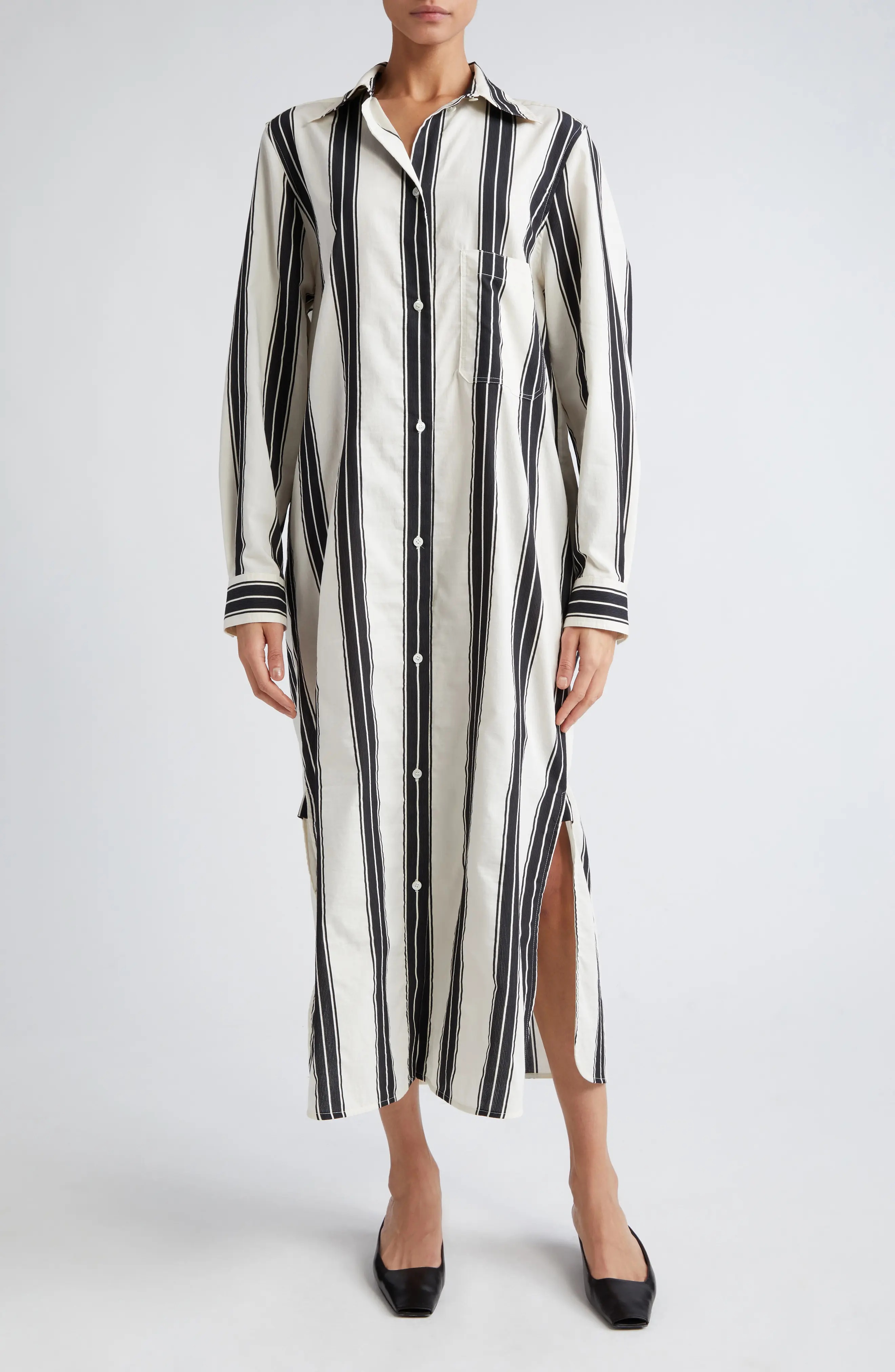 Jacquard Stripe Long Sleeve Midi Shirtdress in Black/White - 1