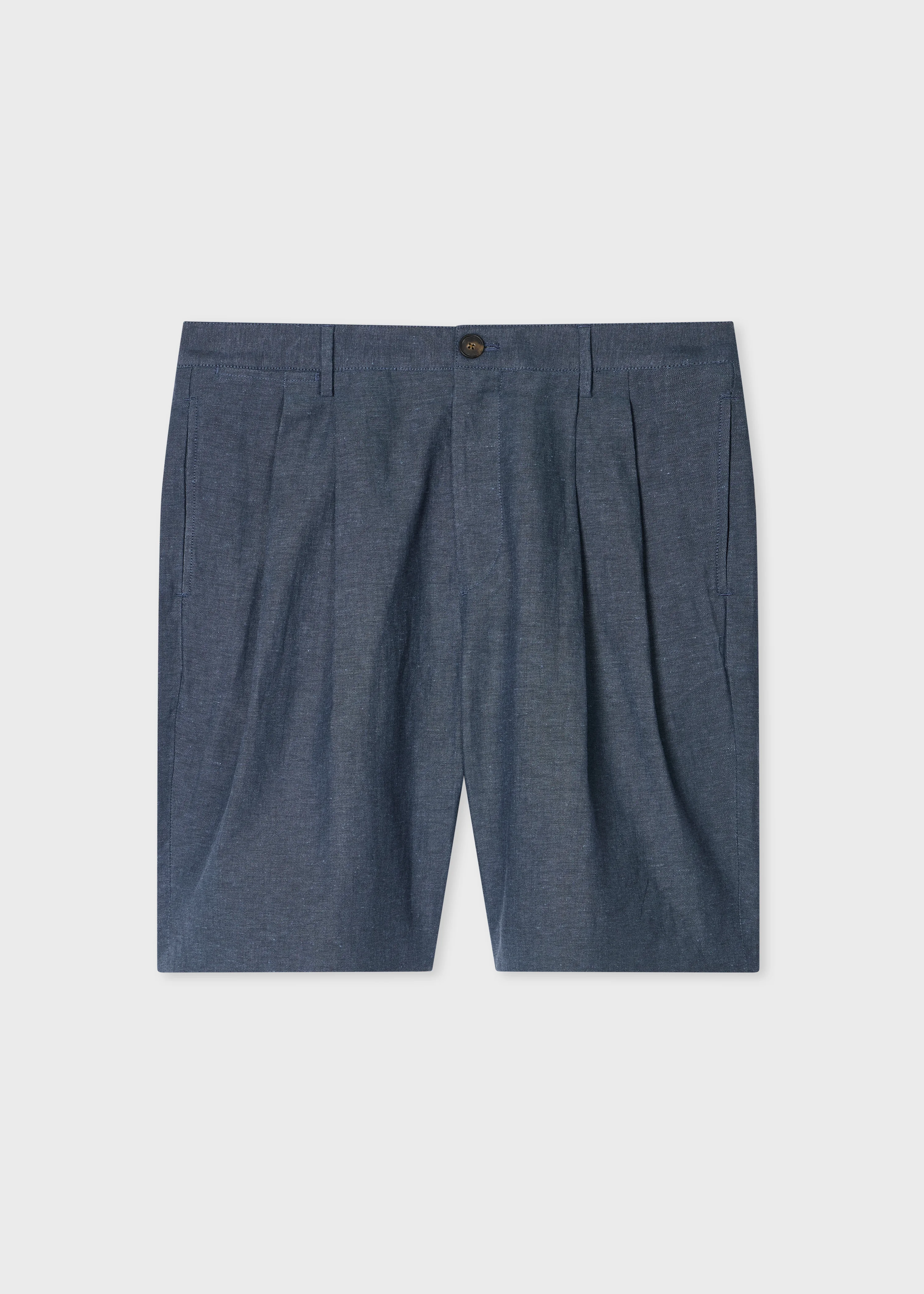 Mid Blue Linen-Cotton Pleated Shorts - 1